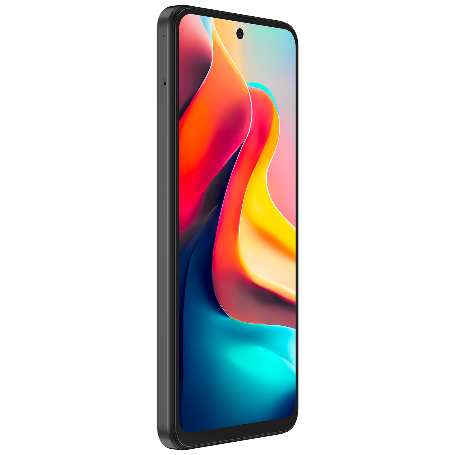 Siyah bir akıllı telefonun yan görünümü, ekranı renkli grafiklerle gösteriyor. Siyah zemin.