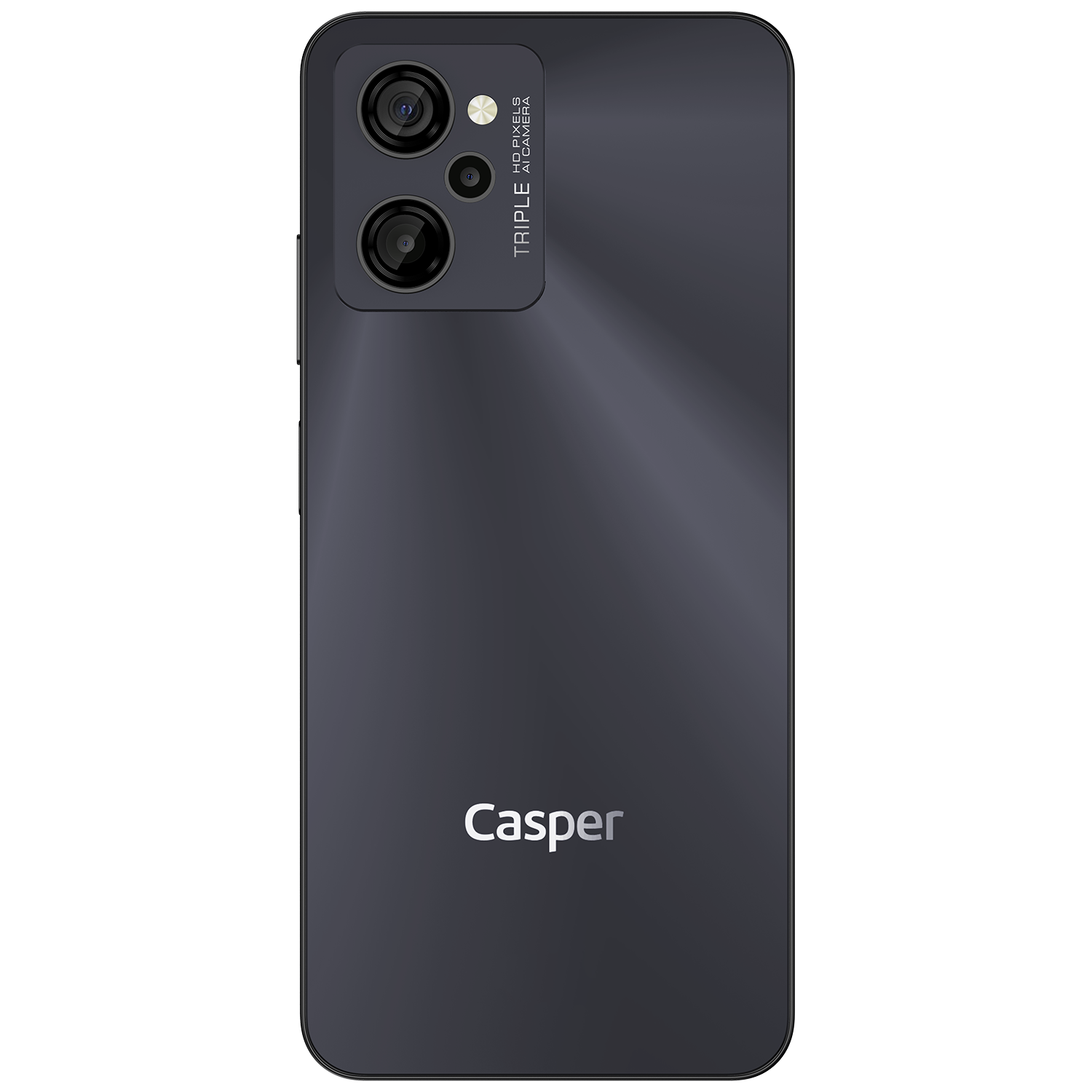 Karanlık gri bir Casper telefonun arkası, üçlü kameralı ve Casper logosu ile siyah bir arka plan üzerinde.