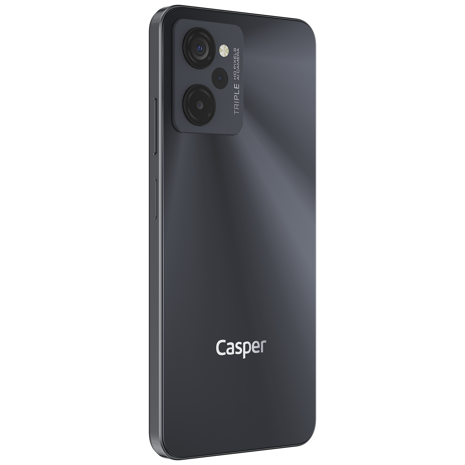 Üçlü kamera kurulumu ve marka adı bulunan koyu gri bir Casper akıllı telefonun arka görünümü.