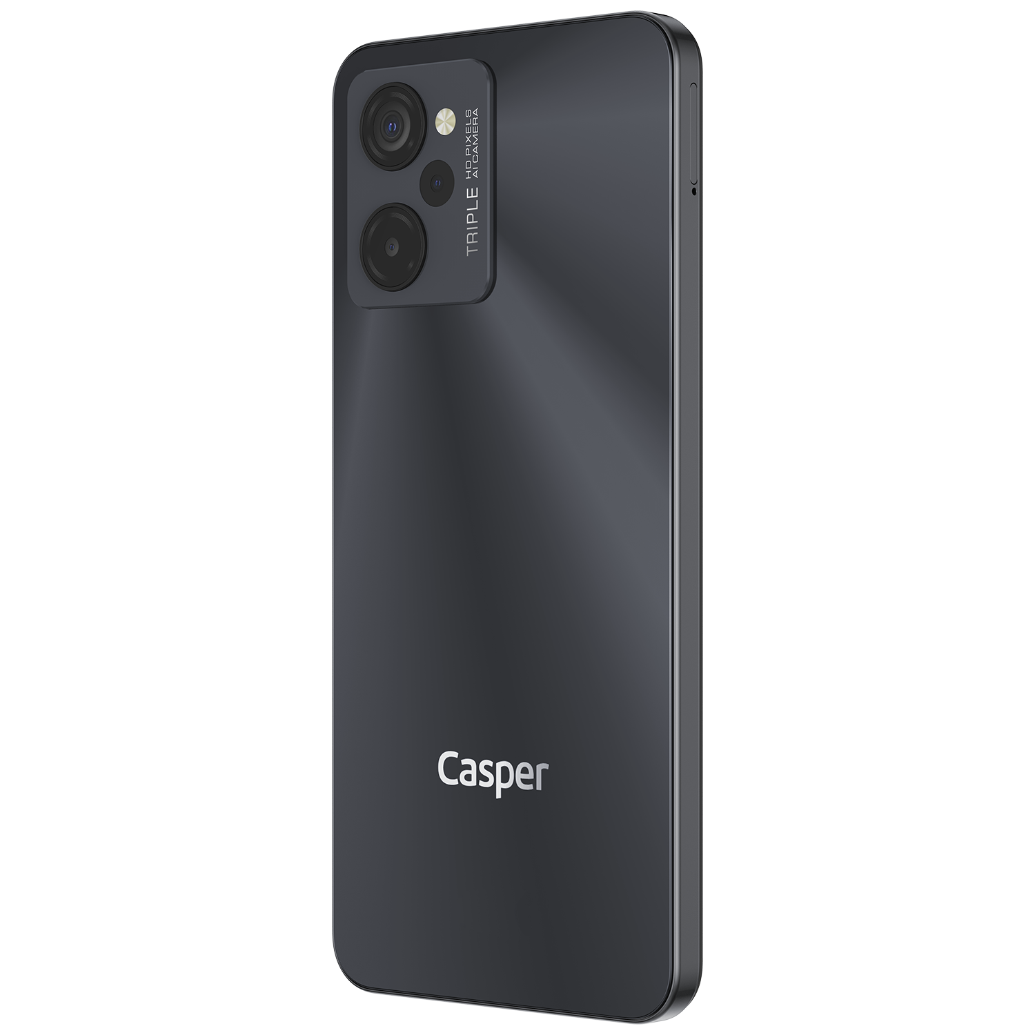 Arkadan çekilmiş siyah bir akıllı telefon. Üçlü kamerası ve altında 'Casper' yazısı var.