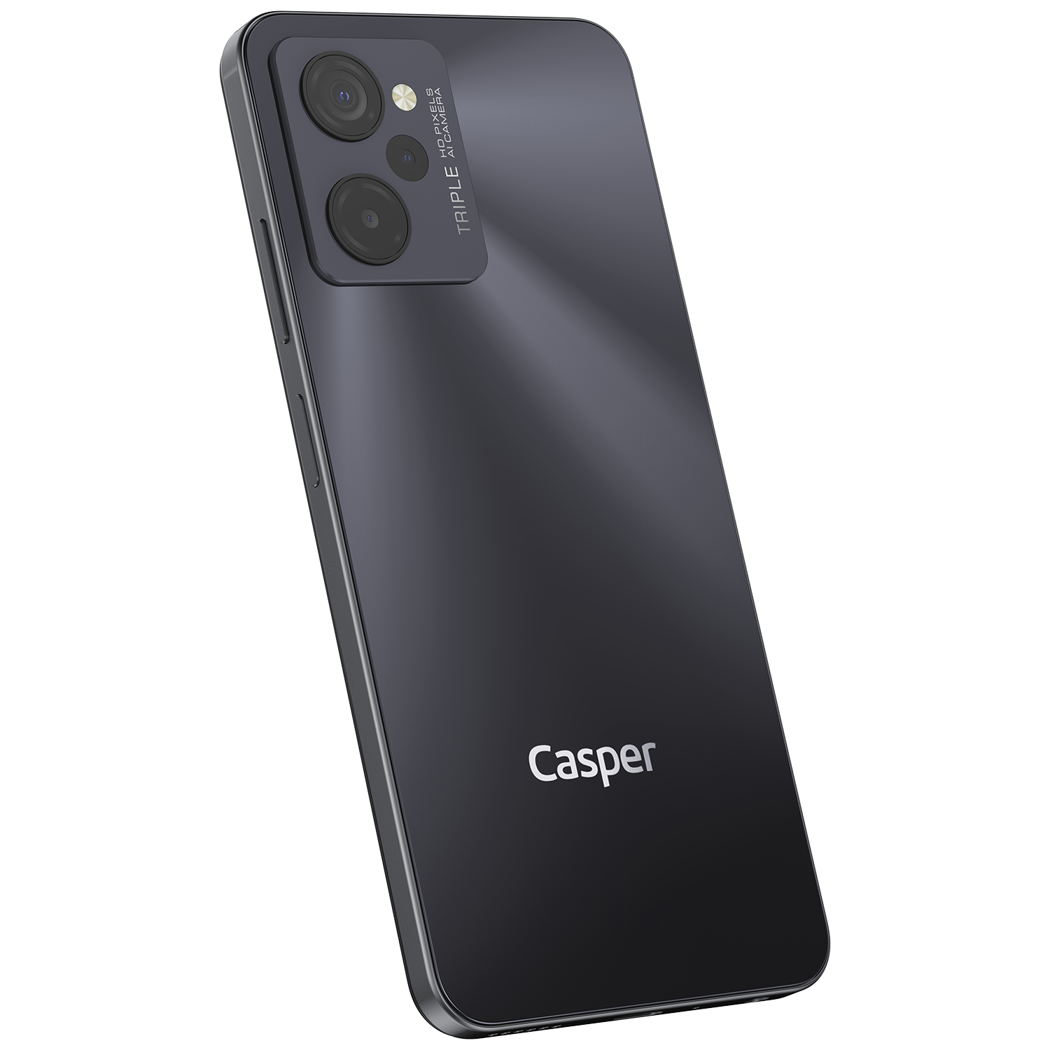 Üçlü kamera sistemi ve 'Casper' marka adı olan koyu gri akıllı telefon.