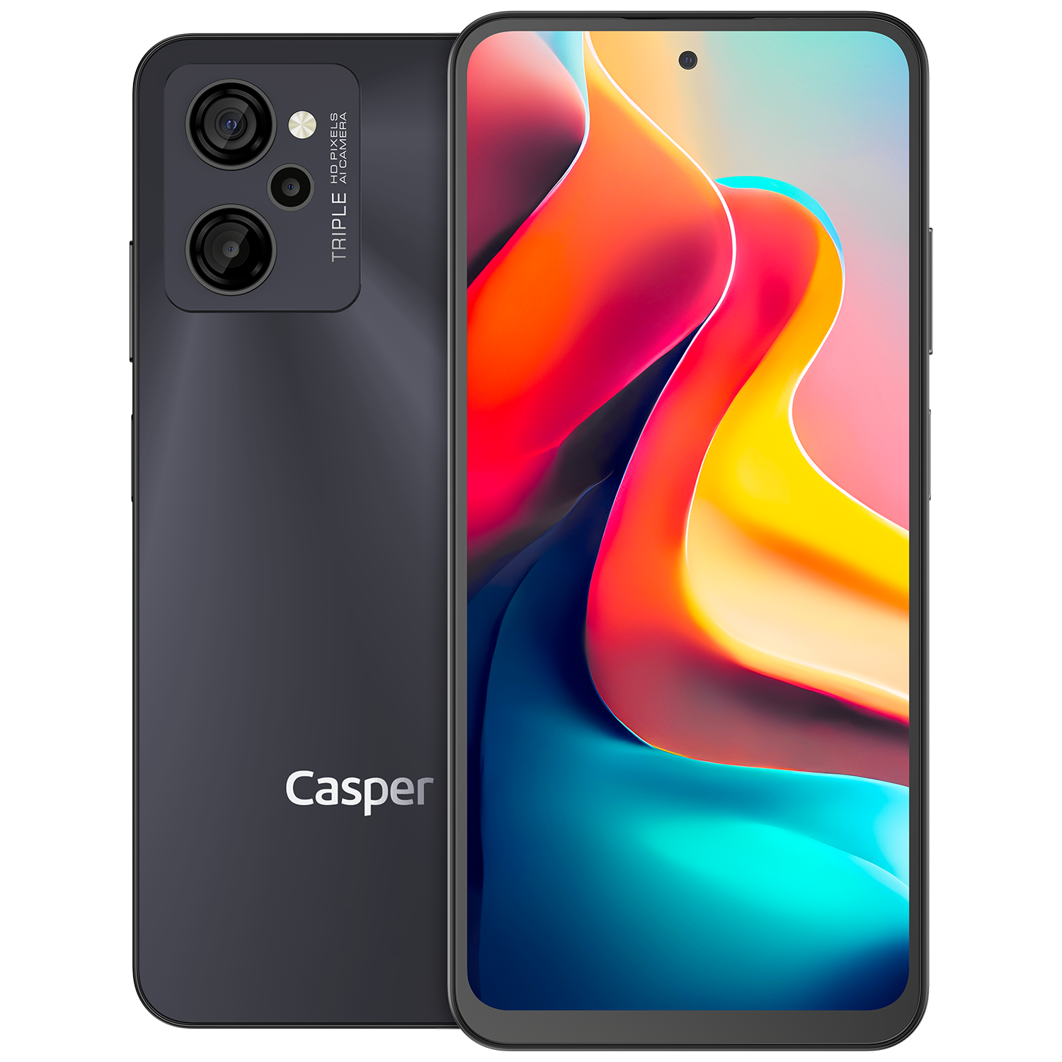 Siyah Casper akıllı telefon. Üçlü kamera kurulumu ve Casper logosu ile çift tonlu bir arka kısma sahiptir.