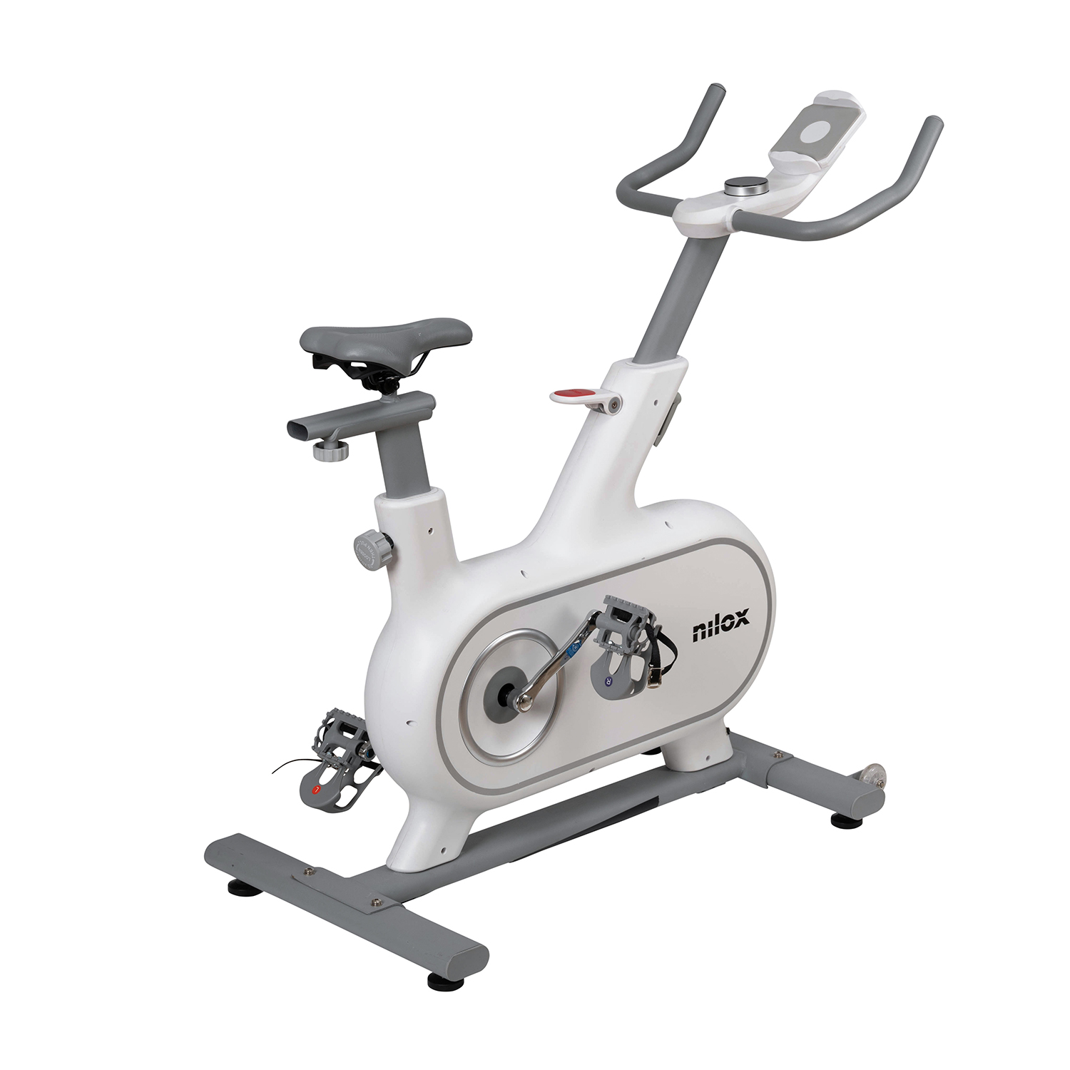 Una cyclette bianca e grigia su sfondo bianco.