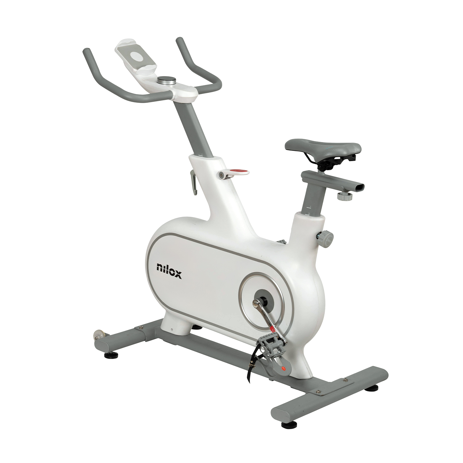 Una cyclette bianca e grigia con sella, manubri e pedali, su sfondo bianco.