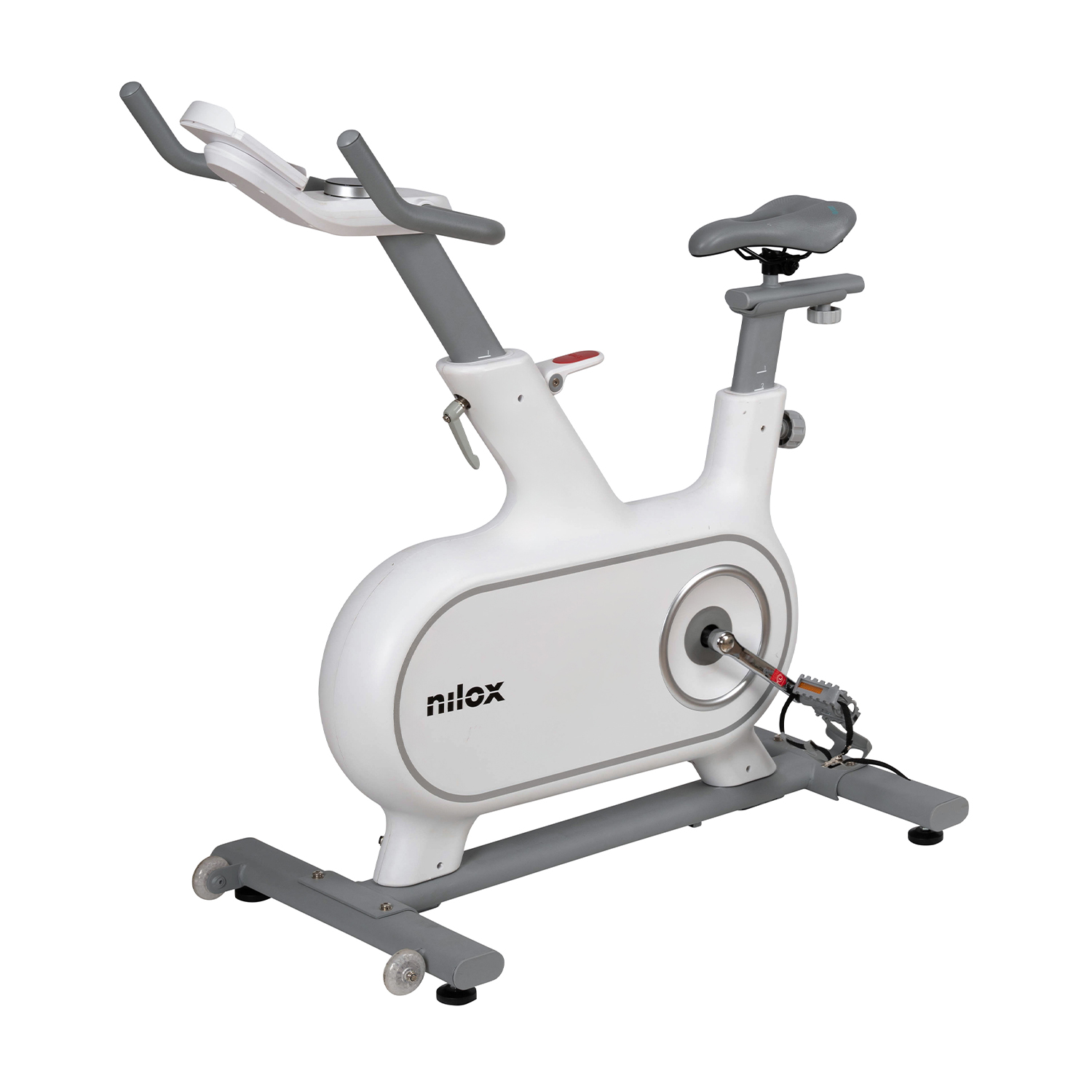 Bicicletta da allenamento bianca e grigia con sedile, manubrio e pedale. L'immagine è su sfondo bianco.