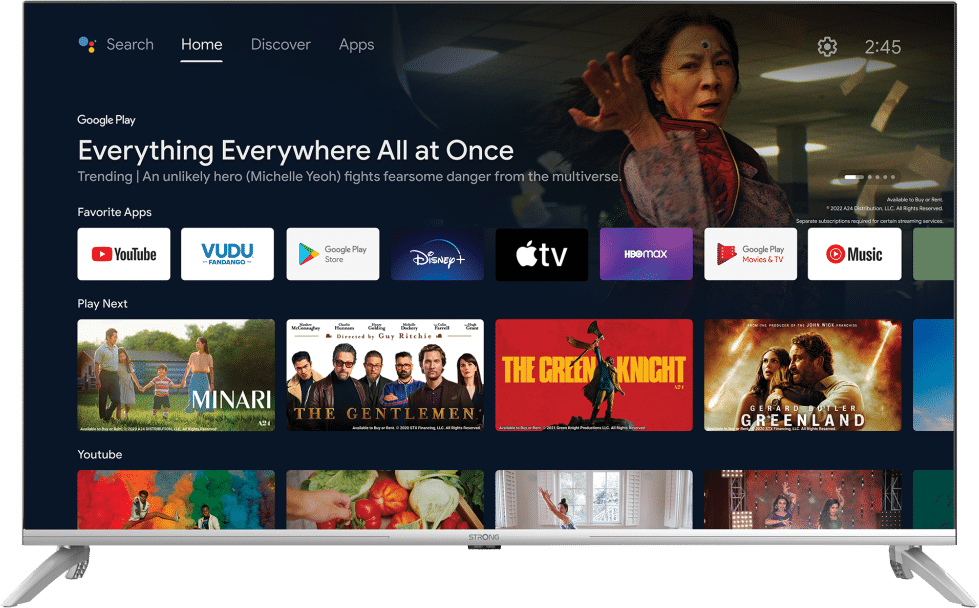 Ein Fernseher zeigt einen Home-Bildschirm mit Film-Apps und einem Filmplakat.