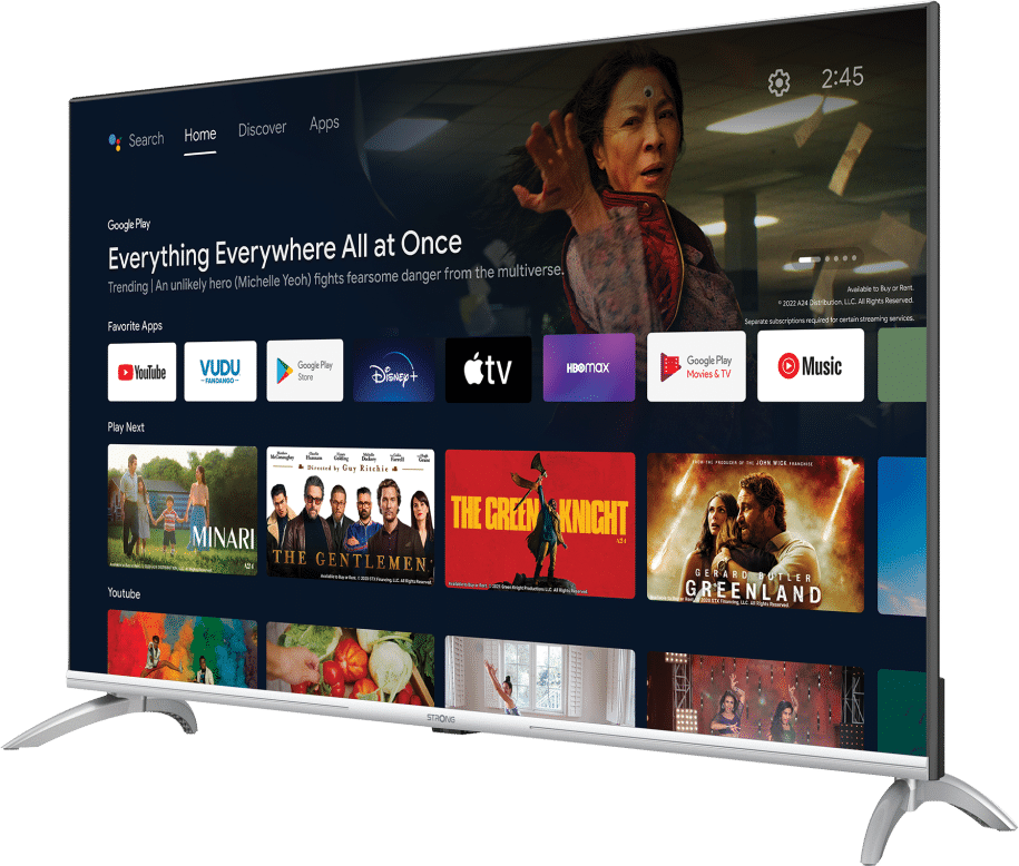Großer Bildschirm-TV, der eine Filmszene und App-Symbole anzeigt, mit weißem Rahmen.