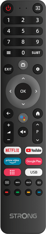 Schwarze Fernbedienung mit mehreren Tasten, beschriftet mit 'STRONG', für einen Fernseher.