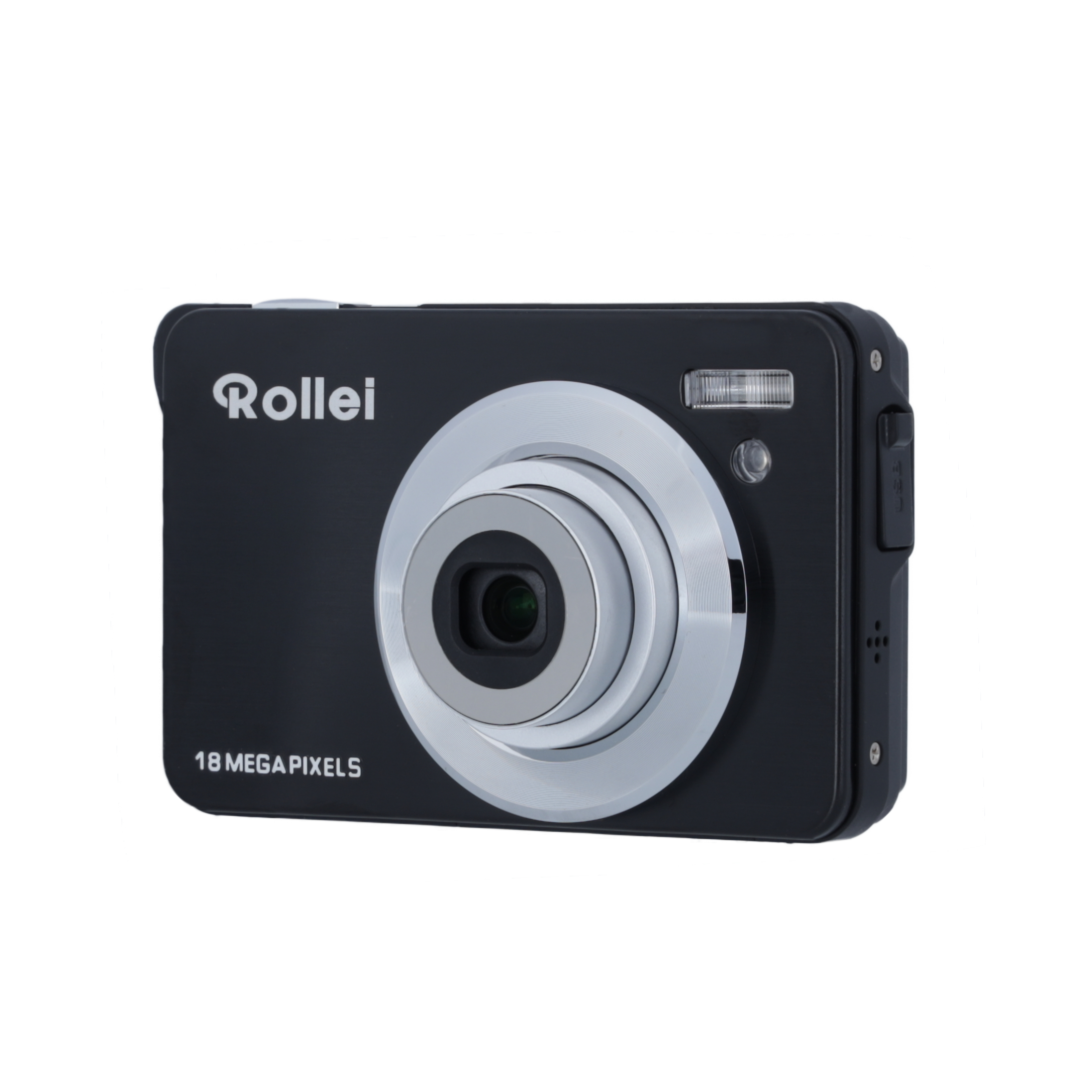 Eine schwarze Rollei Digitalkamera mit silbernen Akzenten.