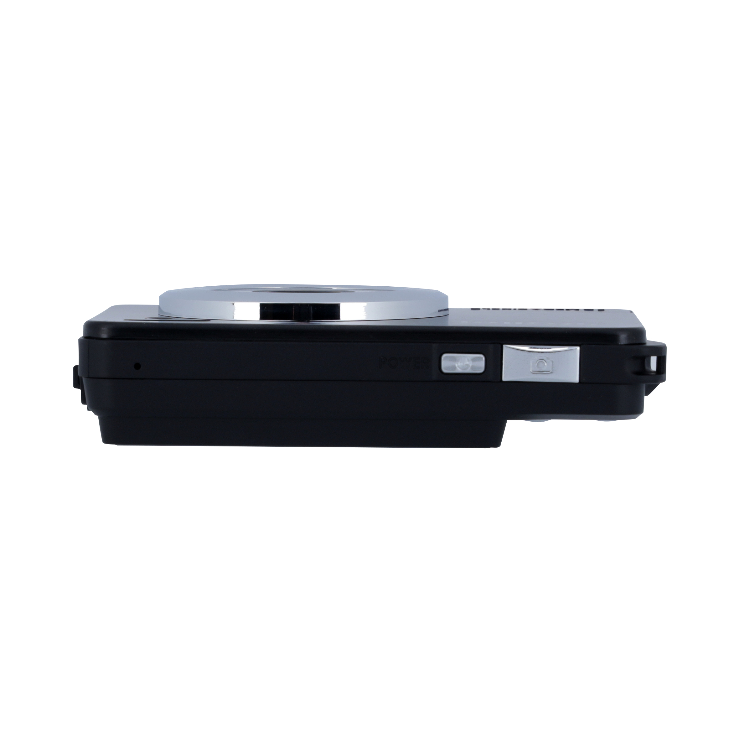 Eine schwarze Digitalkamera, Seitenansicht, mit Knöpfen und einem silbernen Objektiv.