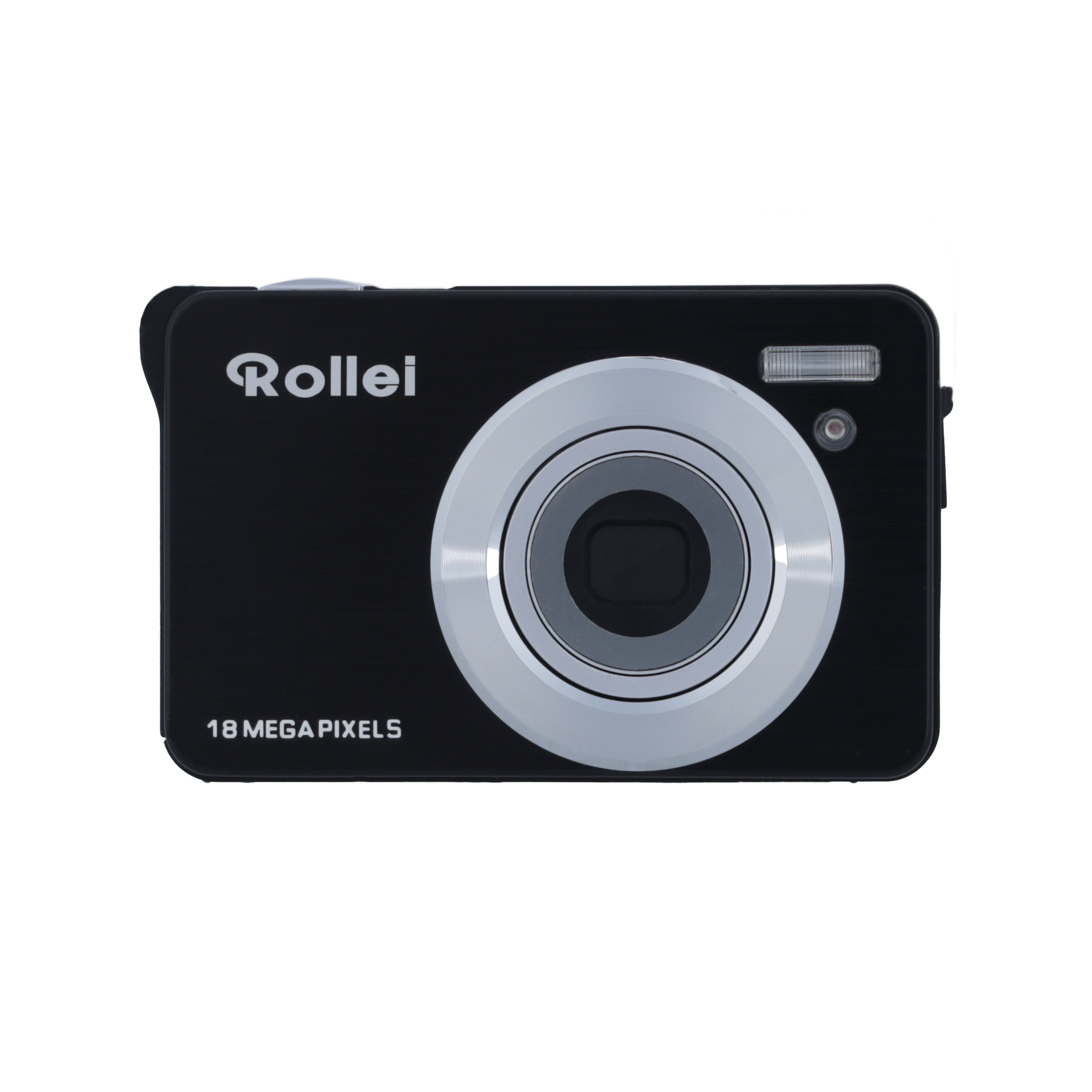 Schwarze Digitalkamera mit dem Schriftzug "Rollei" und "18 MEGA PIXELS".