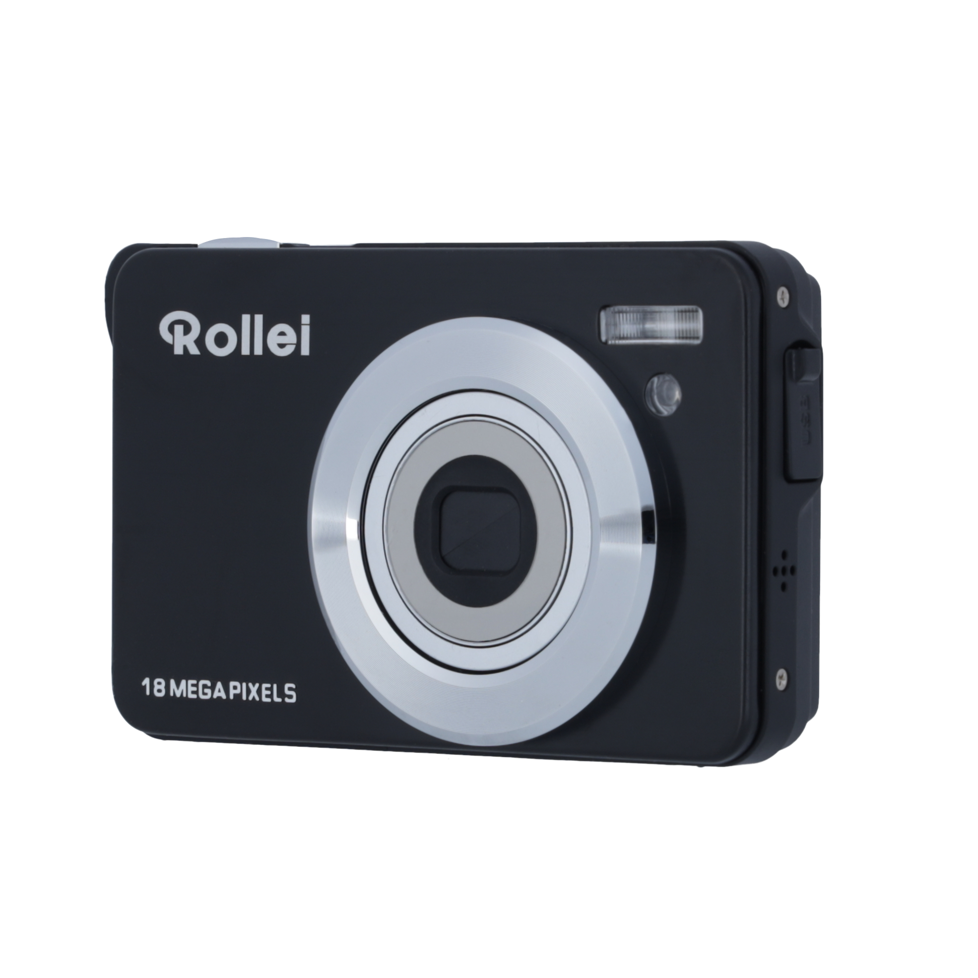 Eine schwarze Rollei Kamera mit silbernem Objektivring, Blitz und 18 Megapixeln.