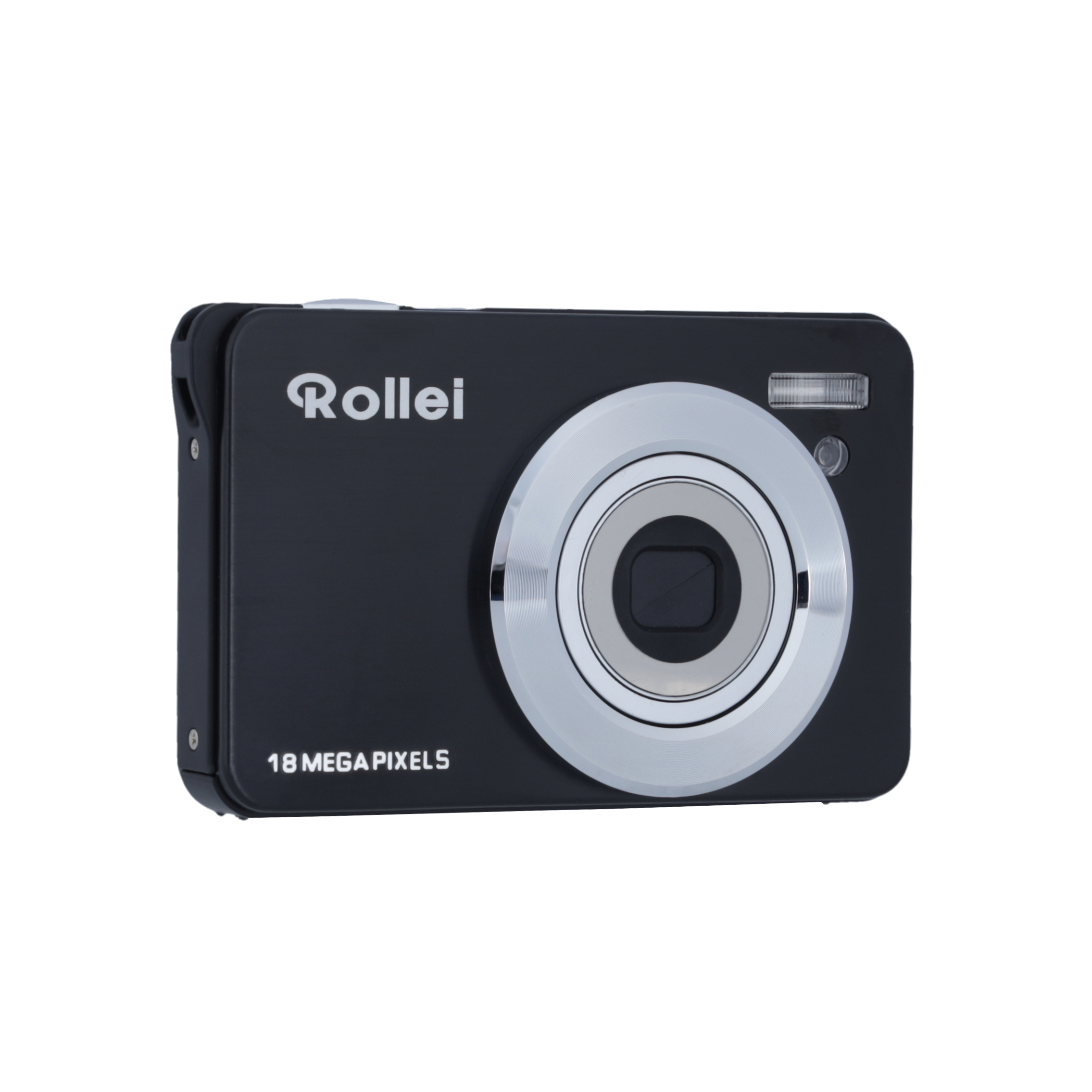 Eine schwarze Rollei Kamera mit silbernem Objektiv und dem Schriftzug '18 MEGA PIXELS'.