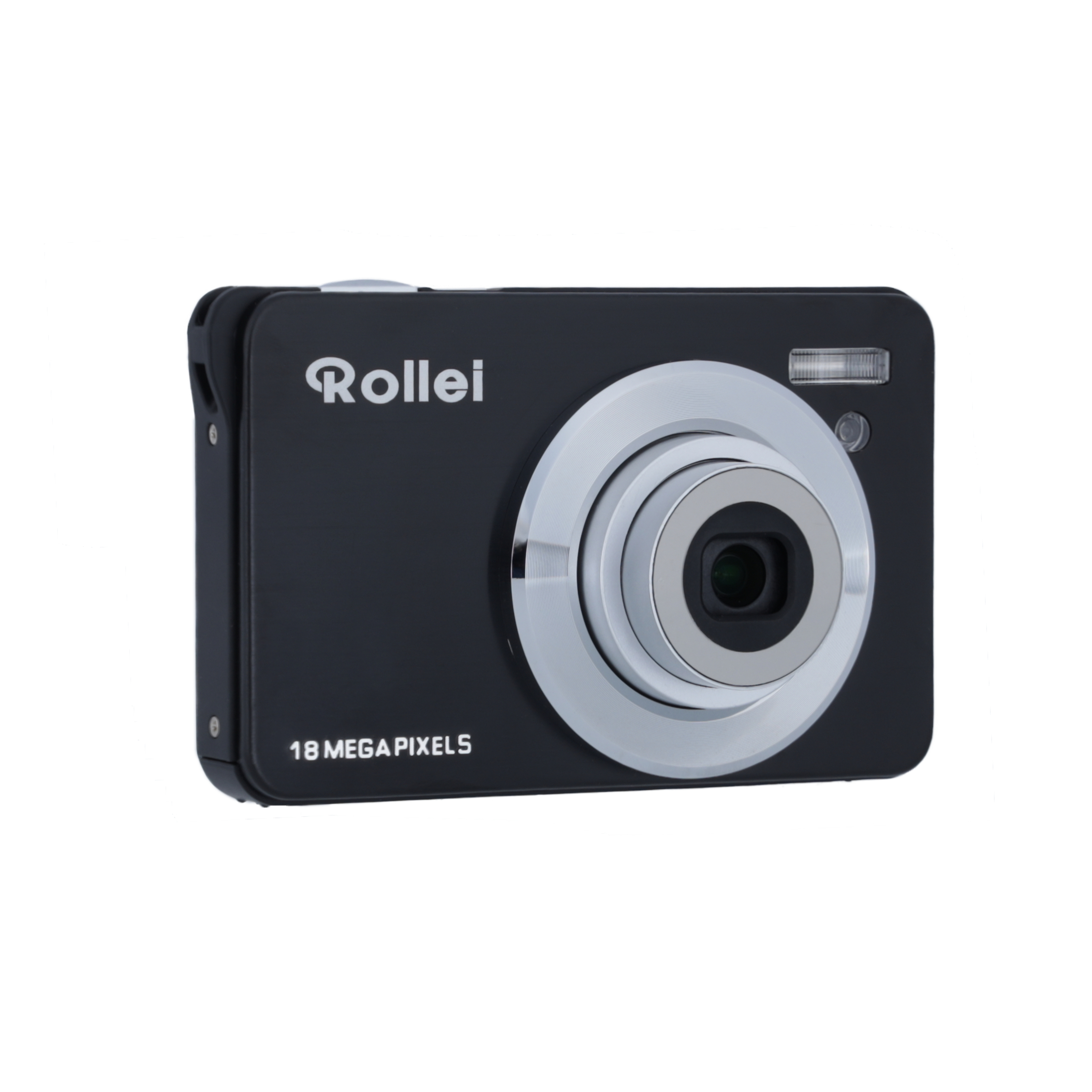 Schwarze Rollei-Kamera mit silbernem Ring und Blitz.