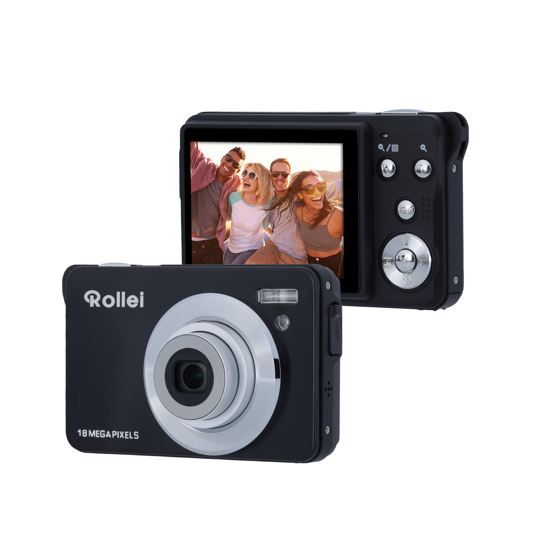 Schwarze Rollei Kamera mit Bildschirm, der ein Foto von Personen zeigt. Zwei Kameras werden gezeigt.