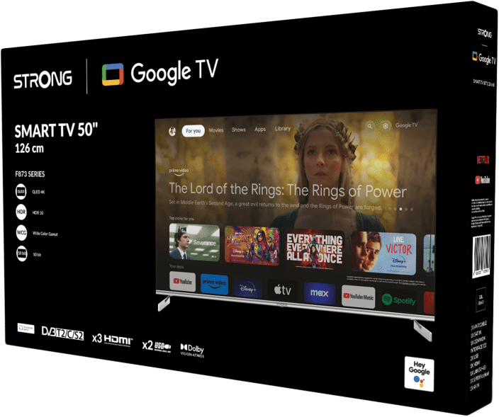 Eine TV-Box zeigt einen Fernseher mit Film auf dem Bildschirm und Strong- und Google TV-Logos.