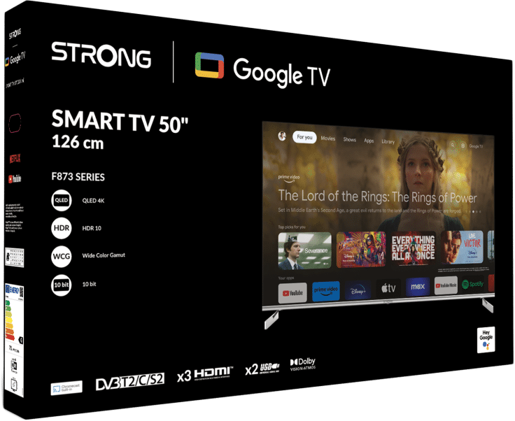 TV-Box mit einem Fernsehbildschirm, auf dem Der Herr der Ringe zu sehen ist. Text auf der Box in mehreren Farben.