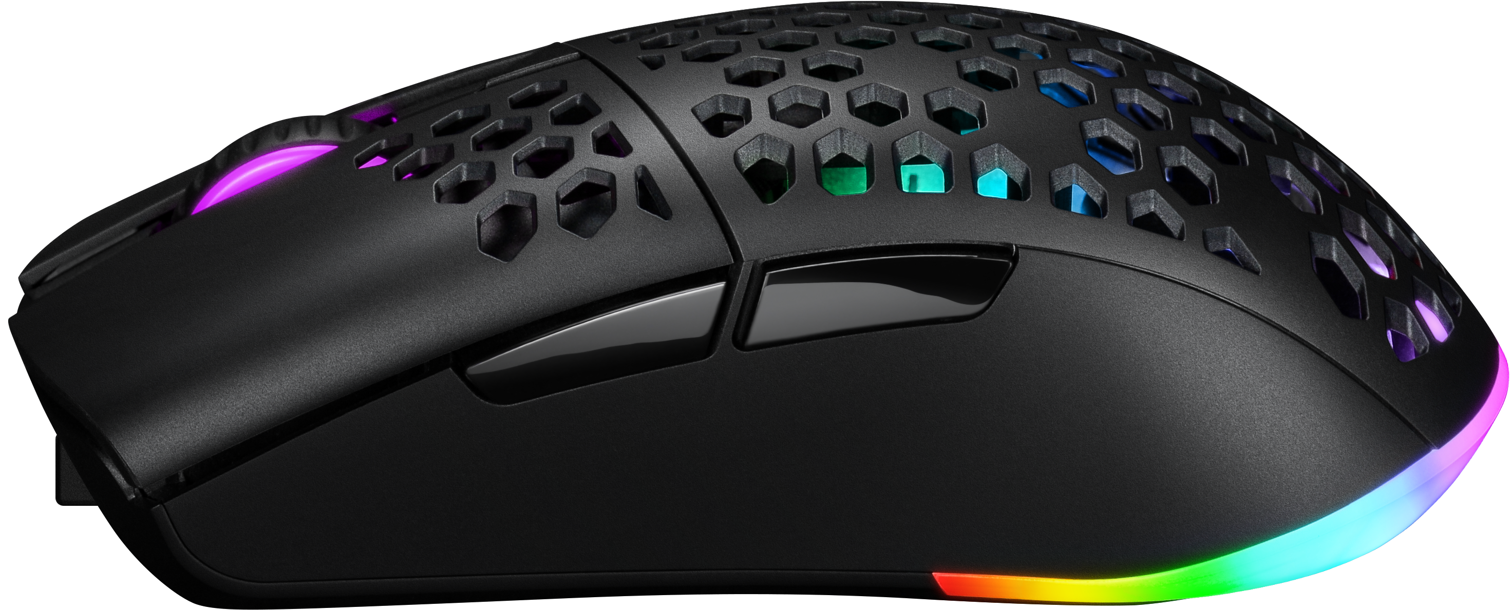 Eine schwarze Gaming-Maus mit Wabenmuster und RGB-Beleuchtung auf schwarzem Hintergrund.