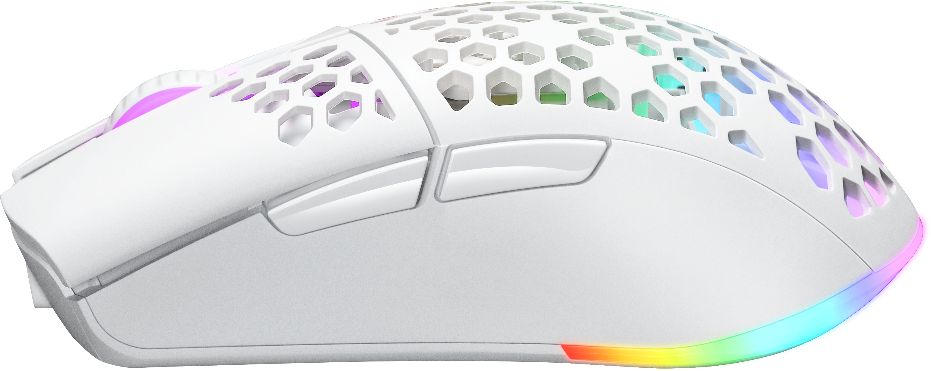 Souris de jeu blanche avec dessus en nid d'abeille et lumières RVB.