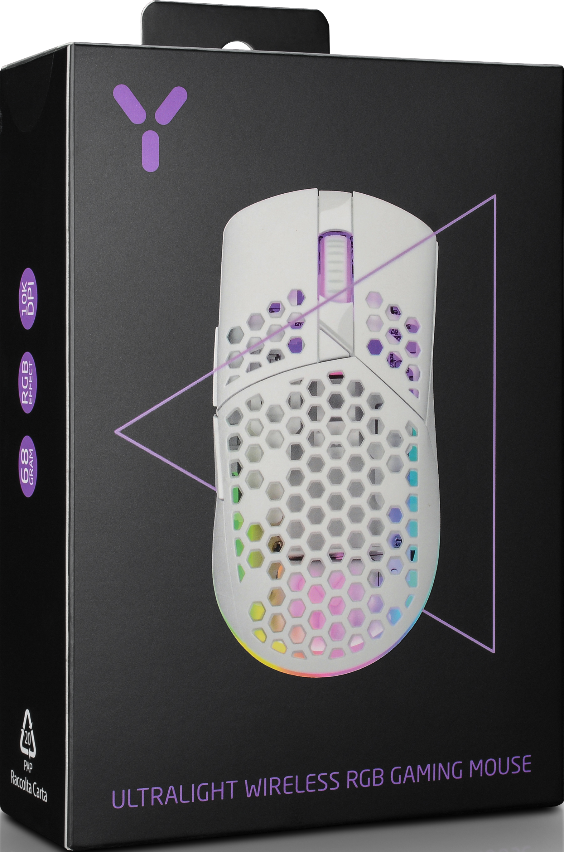 Souris gaming blanche dans une boîte, avec éclairage RGB et design triangulaire.