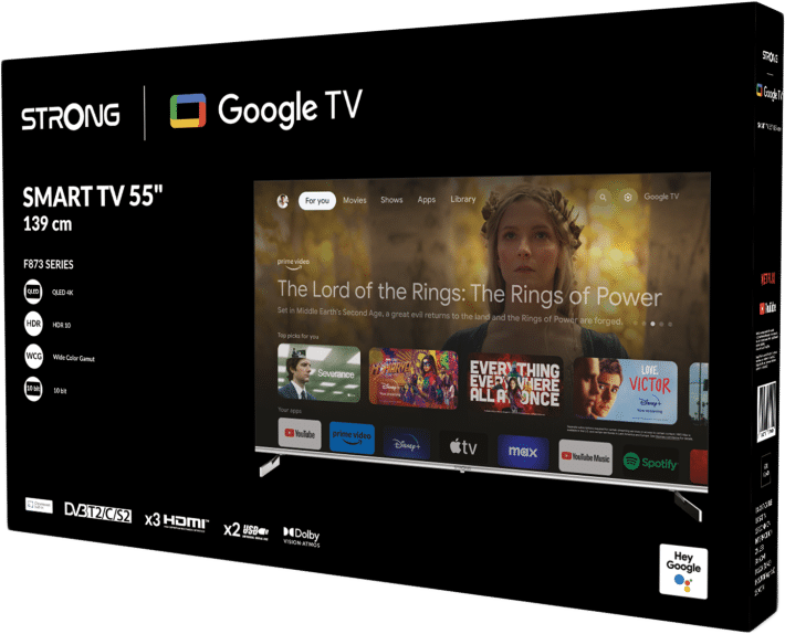 Eine TV-Box mit einem Fernseher mit Herr der Ringe. Der Fernseher hat einen schwarzen Rahmen.