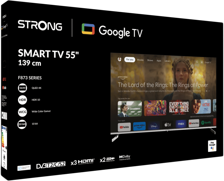 TV-Box mit Text und Bildern eines Films auf dem Bildschirm.