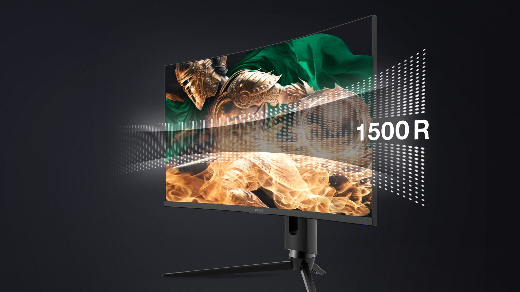 Zakrzywiony monitor do gier wyświetlający scenę fantasy z rycerzem.