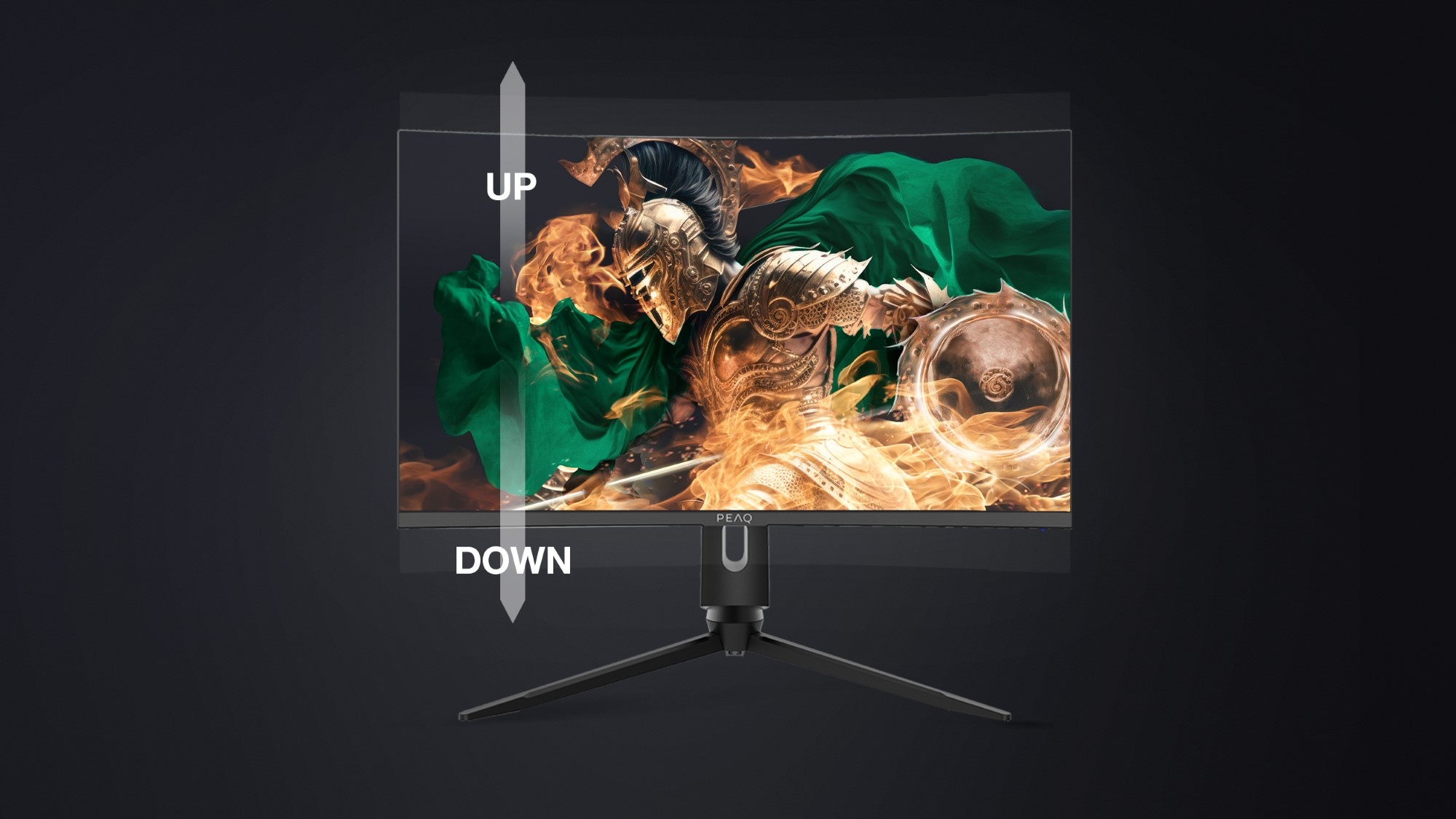 Zakrzywiony monitor do gier z ogniem i rycerzem, ze strzałkami w górę/dół.