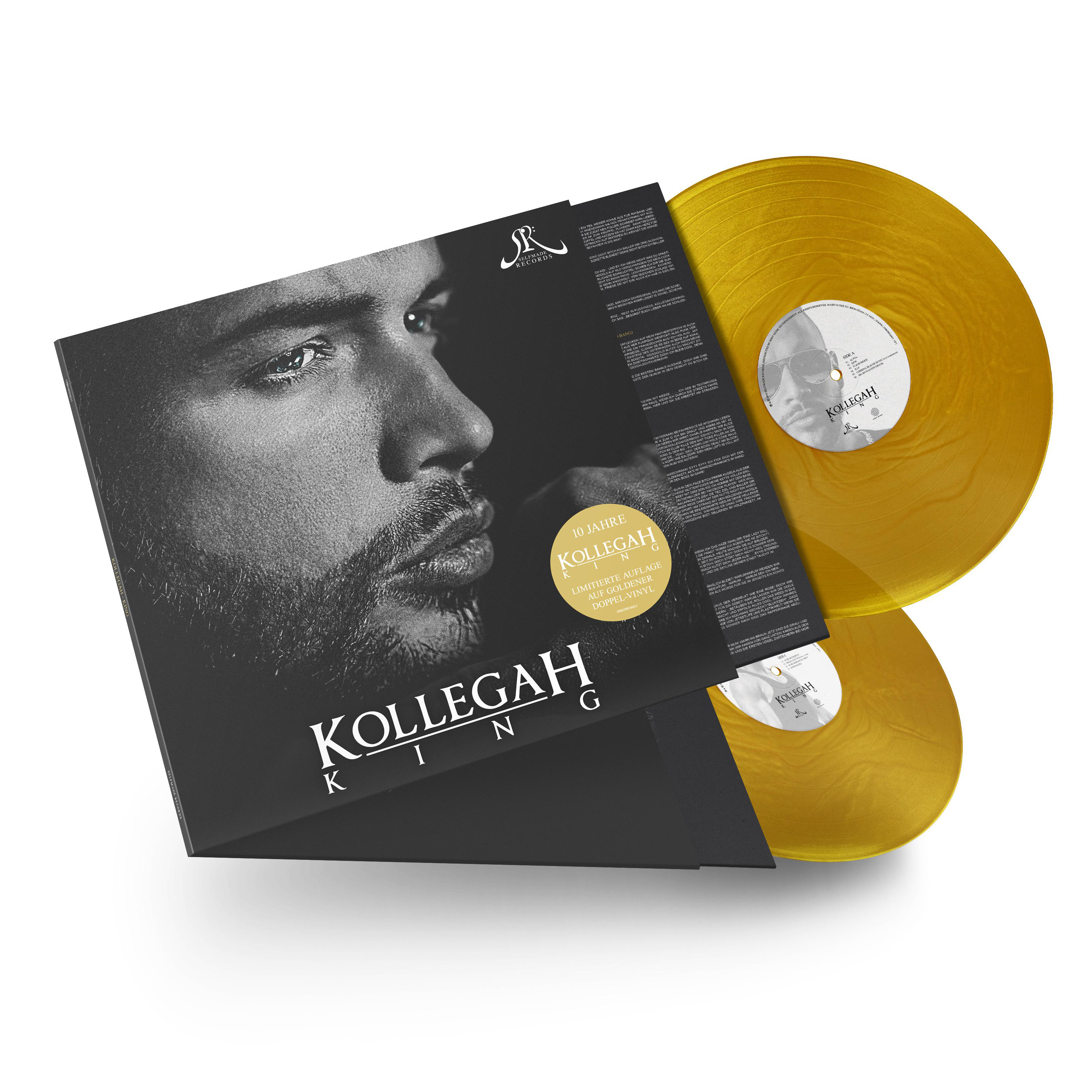 Goldene Schallplatten mit schwarzem Albumcover. Das Cover zeigt ein Gesicht, Albumtitel und Text.
