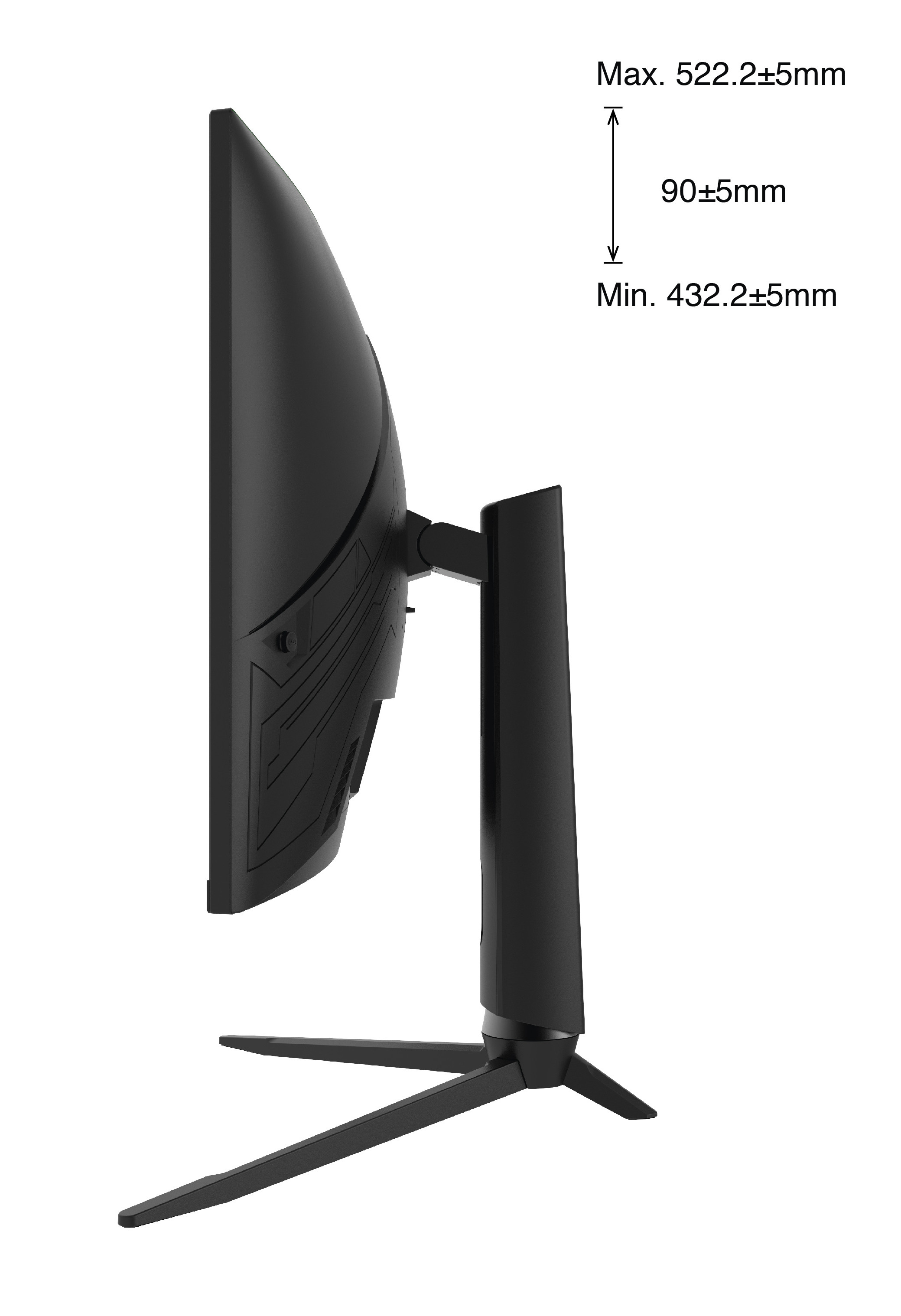 Widok z boku monitora ze wskazanymi wymiarami. Czarny stojak i monitor.