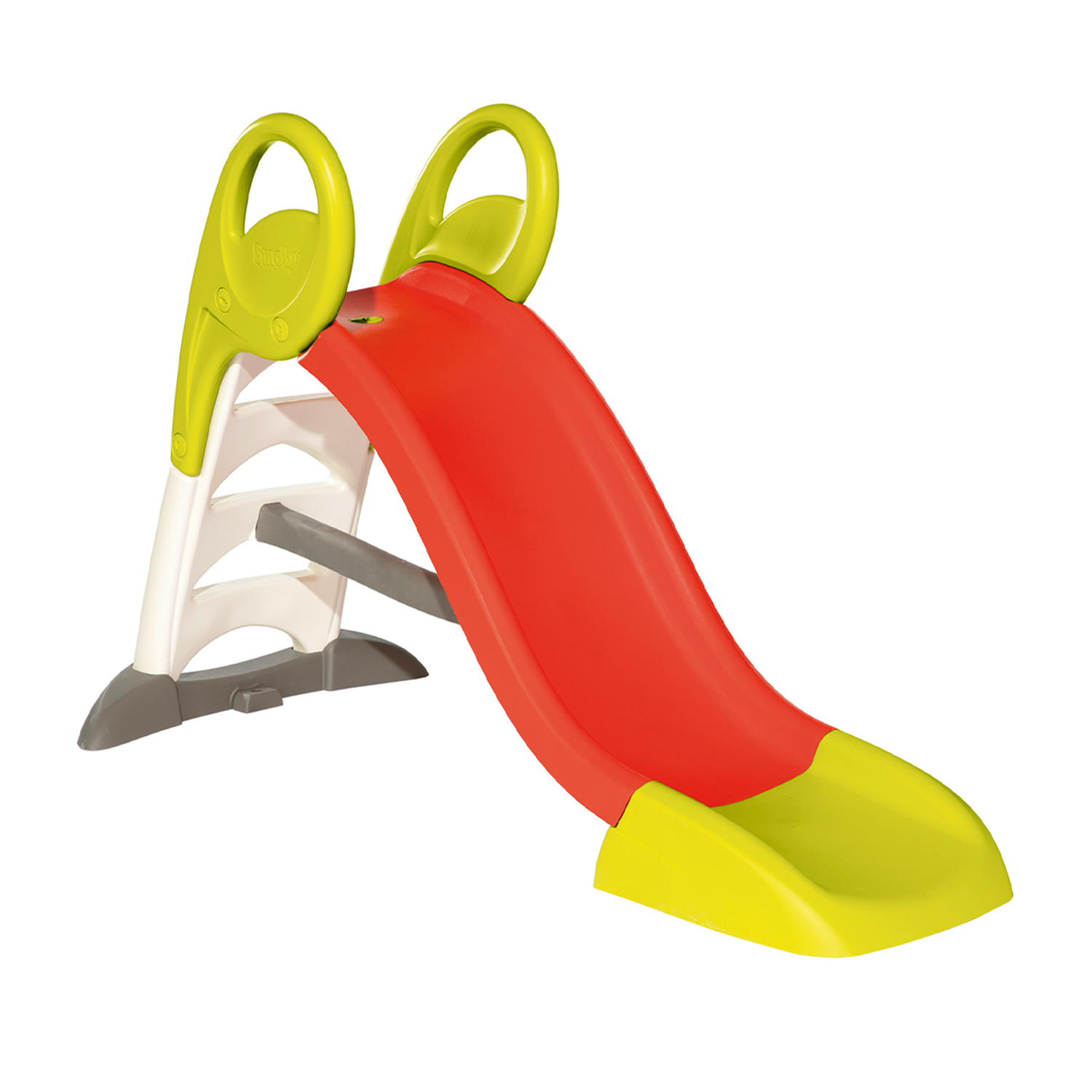 Scivolo per bambini rosso e verde, supporti bianchi e grigi.