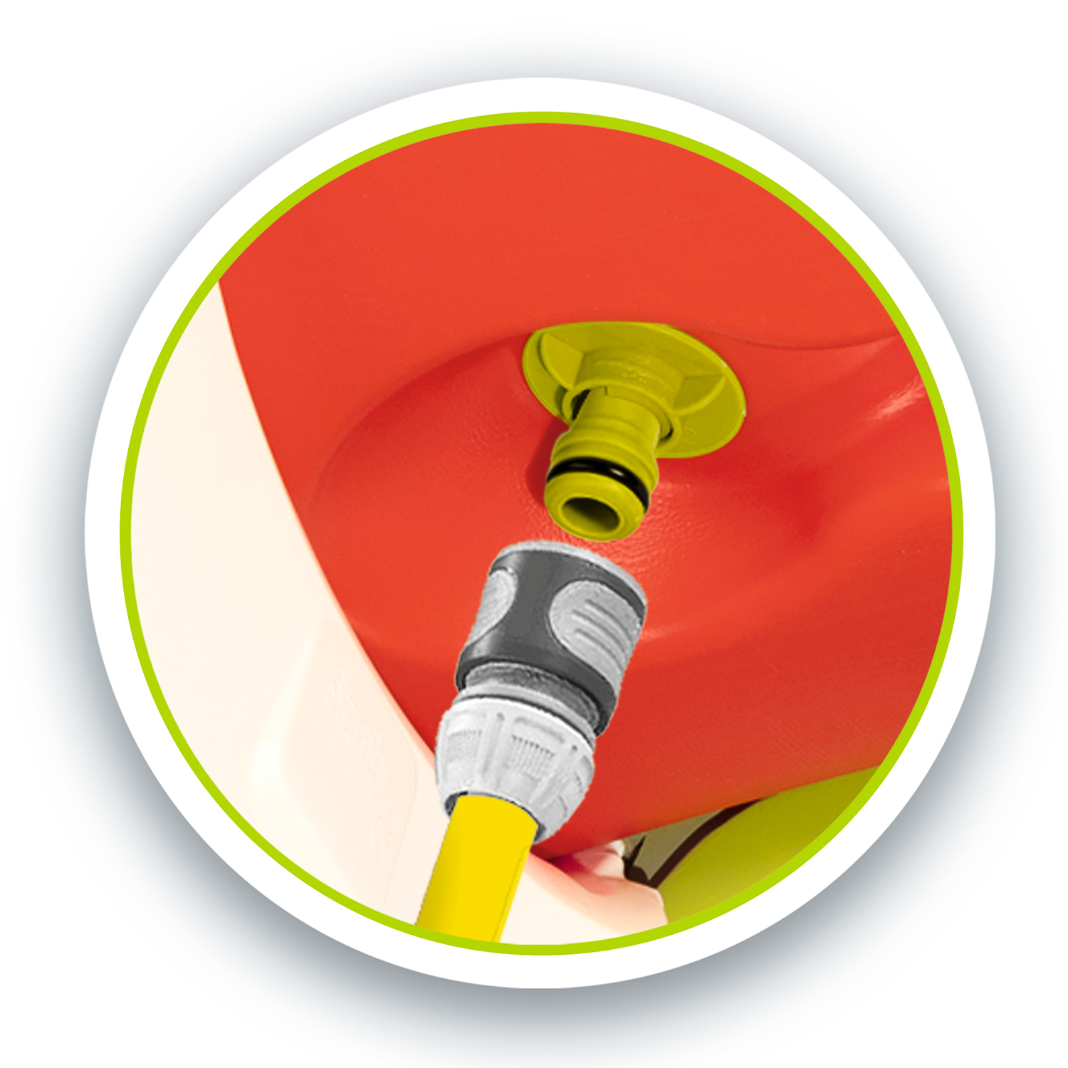 Primo piano di un lavandino rosso con un tubo giallo e un raccordo per tubo dell'acqua grigio.