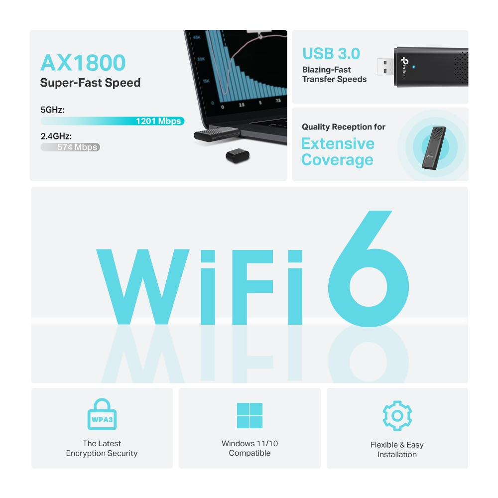 Wi-Fi 6 adaptörü. Siyah, hız ve kapsama alanı hakkında metinle. Beyaz arka plan.