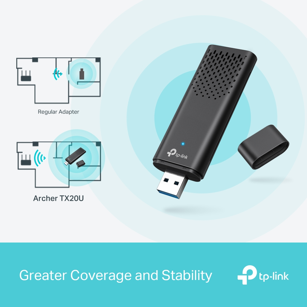 Siyah bir TP-link adaptörü ve çıkarılabilir kapağı. Yanda şemalar.