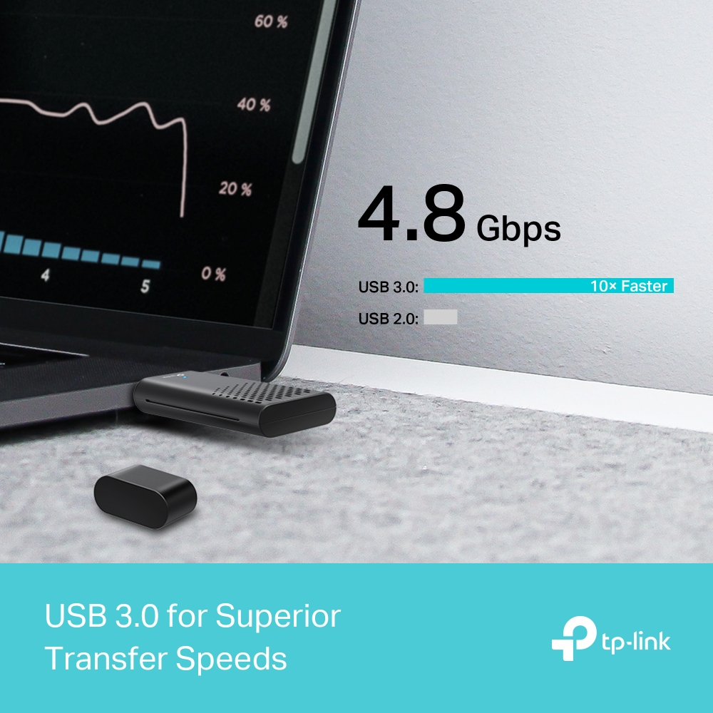 Siyah bir USB 3.0 adaptörü dizüstü bilgisayarın yanında. Metin: 4.8 Gbps USB 3.0, USB 2.0'dan 10 kat daha hızlı.