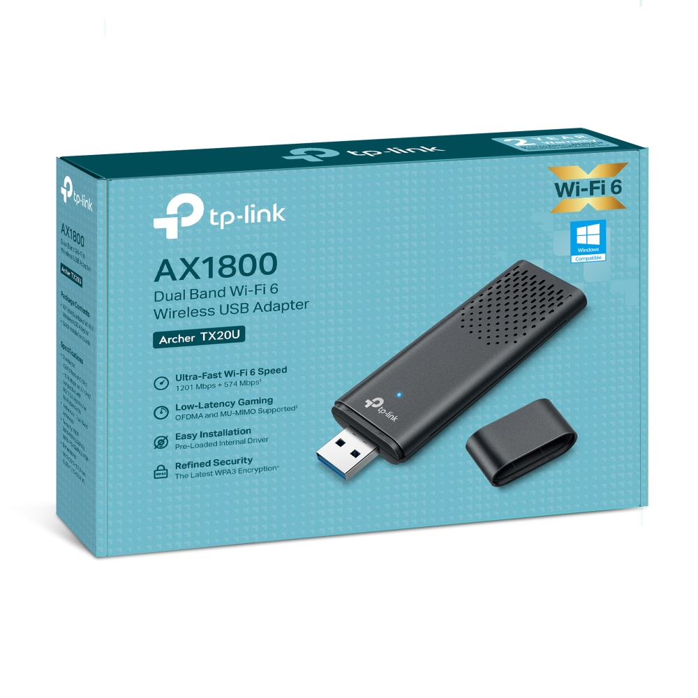 Siyah bir TP-Link Wi-Fi 6 USB adaptörü, ambalajıyla birlikte beyaz zemin üzerinde.