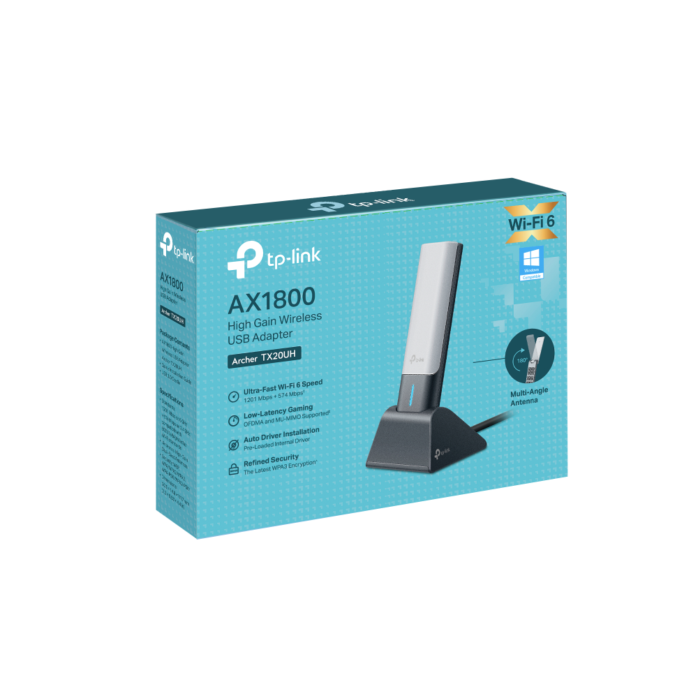 TP-Link AX1800 Wi-Fi 6 USB adaptörü, anten ve ürün detaylarının bulunduğu kutu.