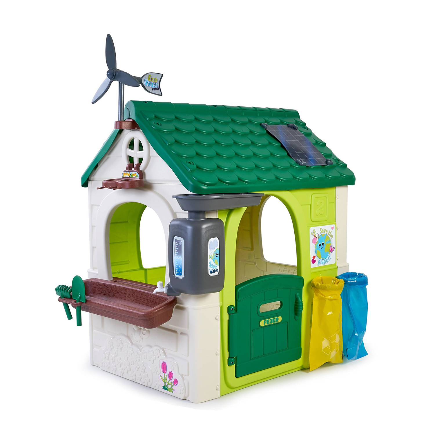 Casetta giocattolo con tetto verde, pannello solare, turbina eolica. Bianco e verde.