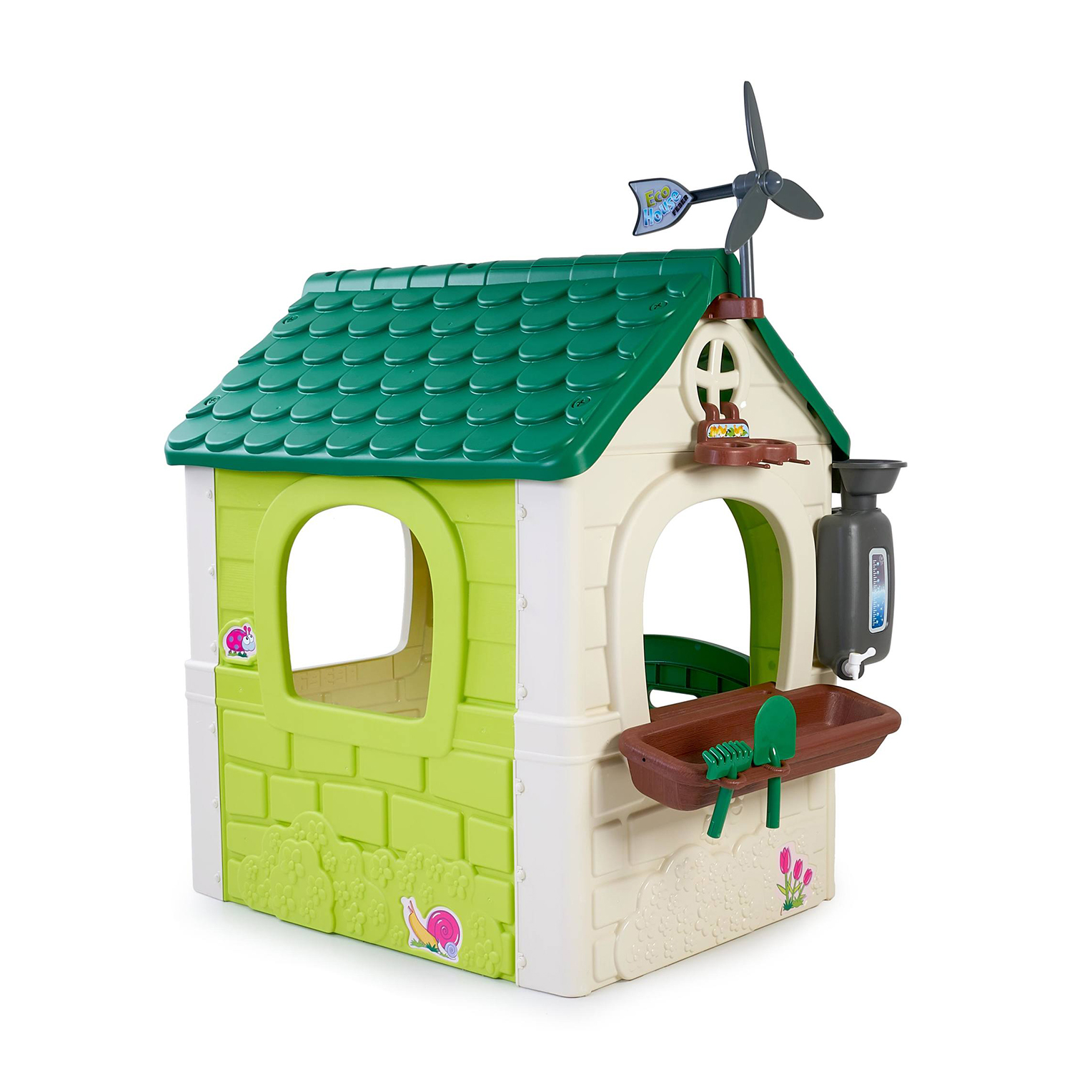 Una casetta di plastica colorata con tetto verde e pareti bianche, con accessori.