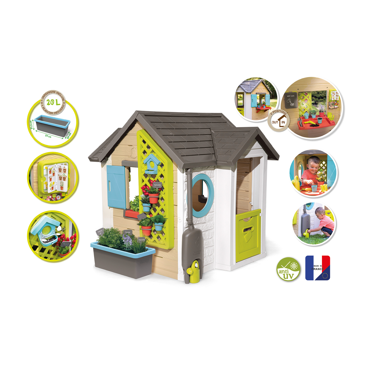 Una casetta per bambini con tetto marrone, pareti bianche e dettagli colorati. Immagini che mostrano la casa.