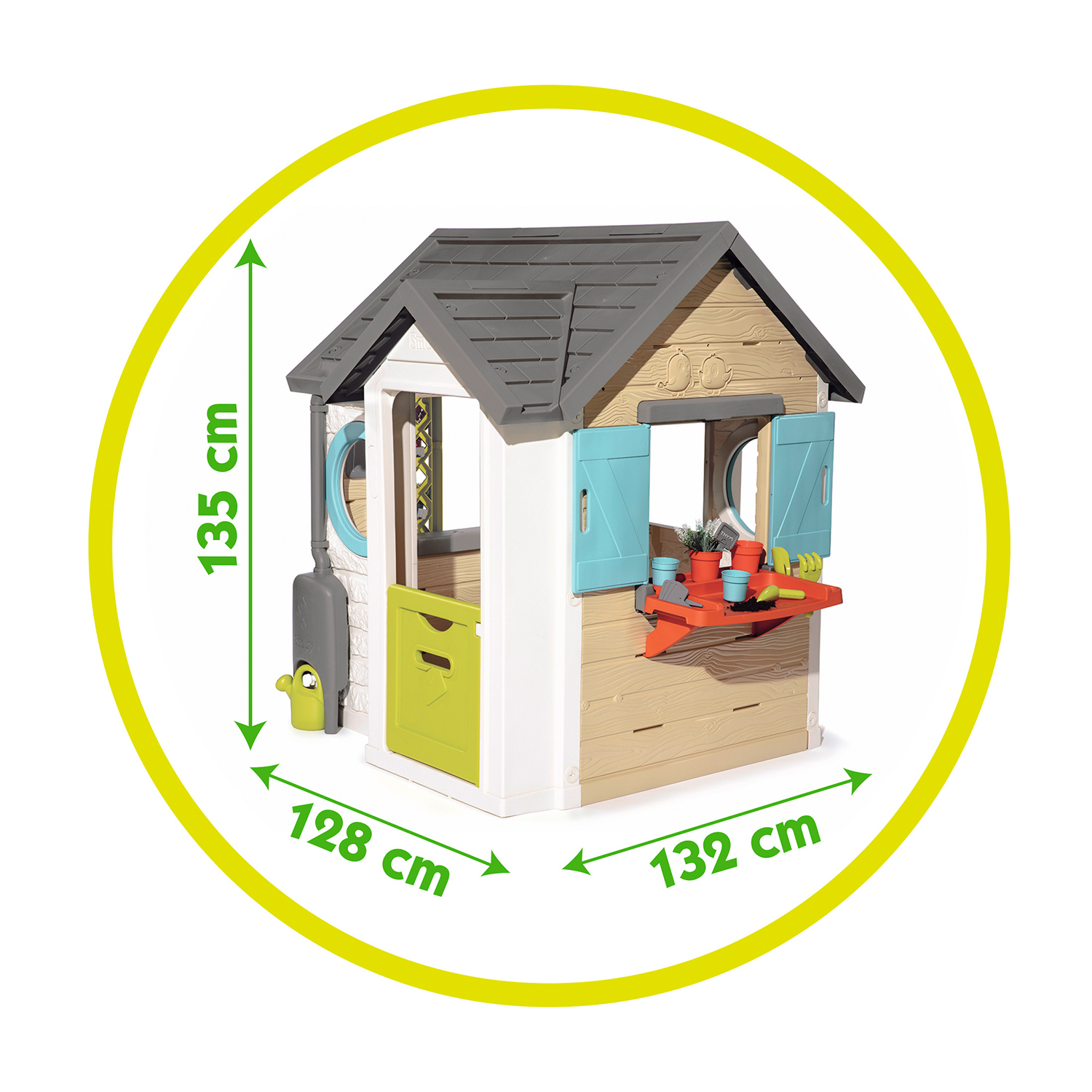 Casetta con dimensioni: 135 cm altezza, 128 cm larghezza, 132 cm profondità.