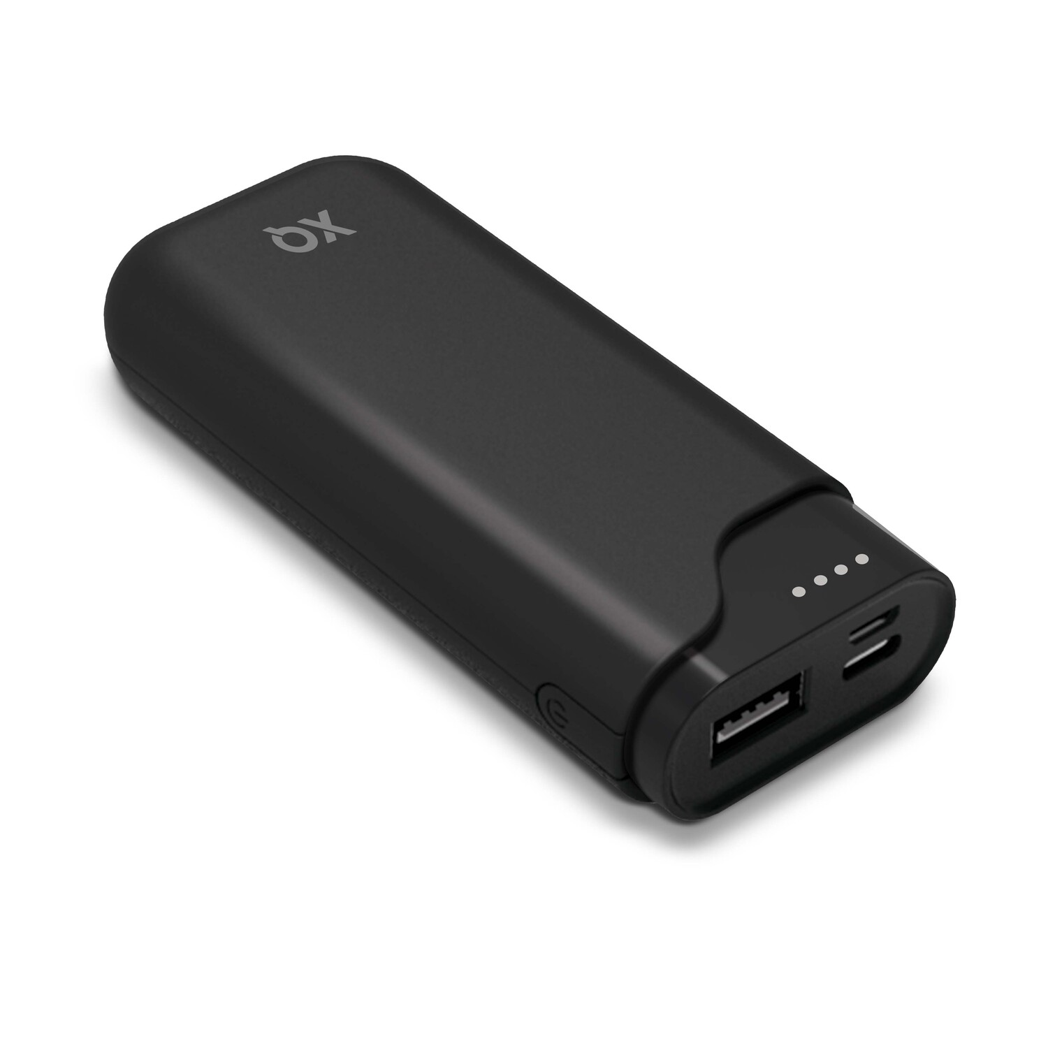 Batterie externe noire avec un port USB, un port USB-C et quatre voyants.
