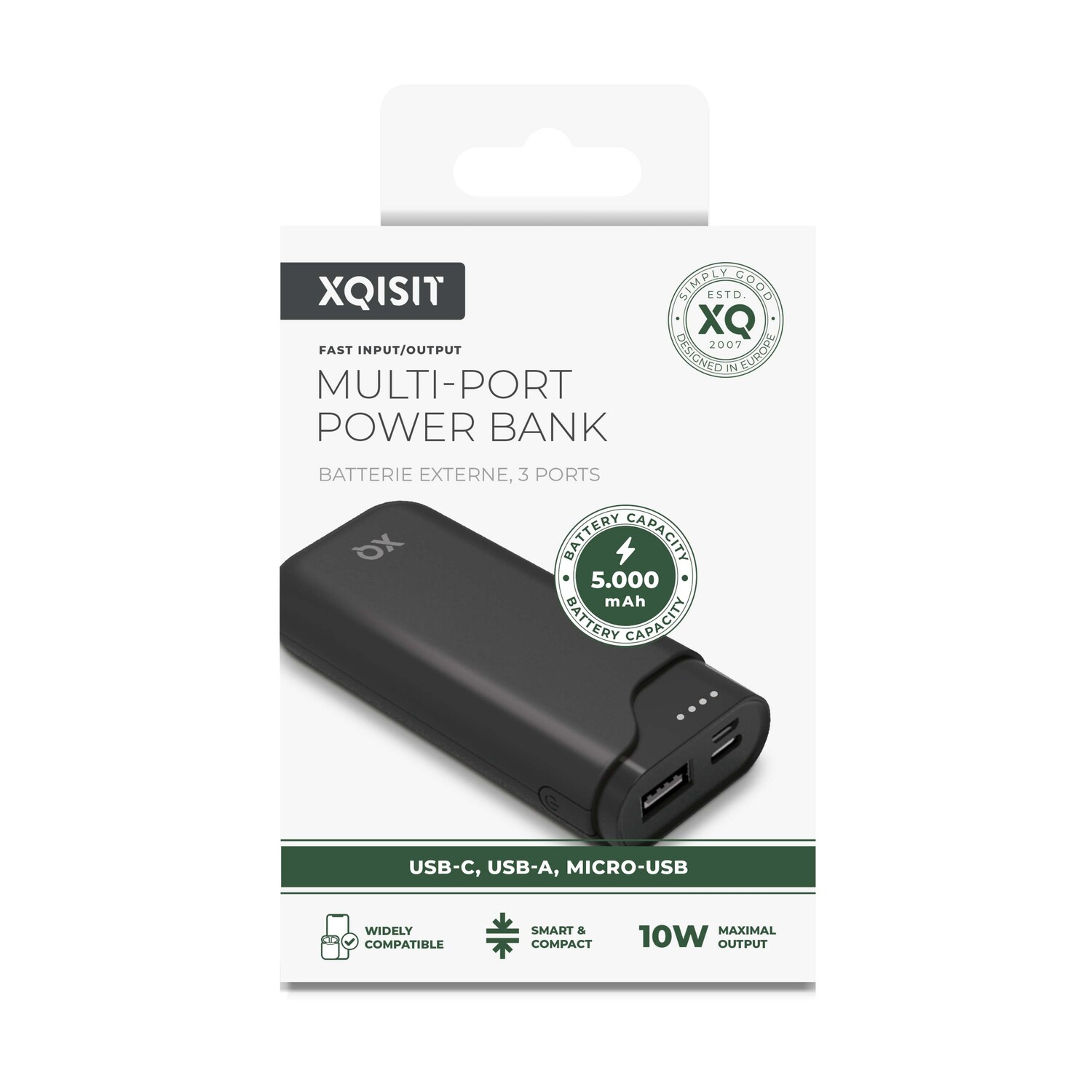 Batterie externe multi-ports noire, emballage blanc avec texte et logos.