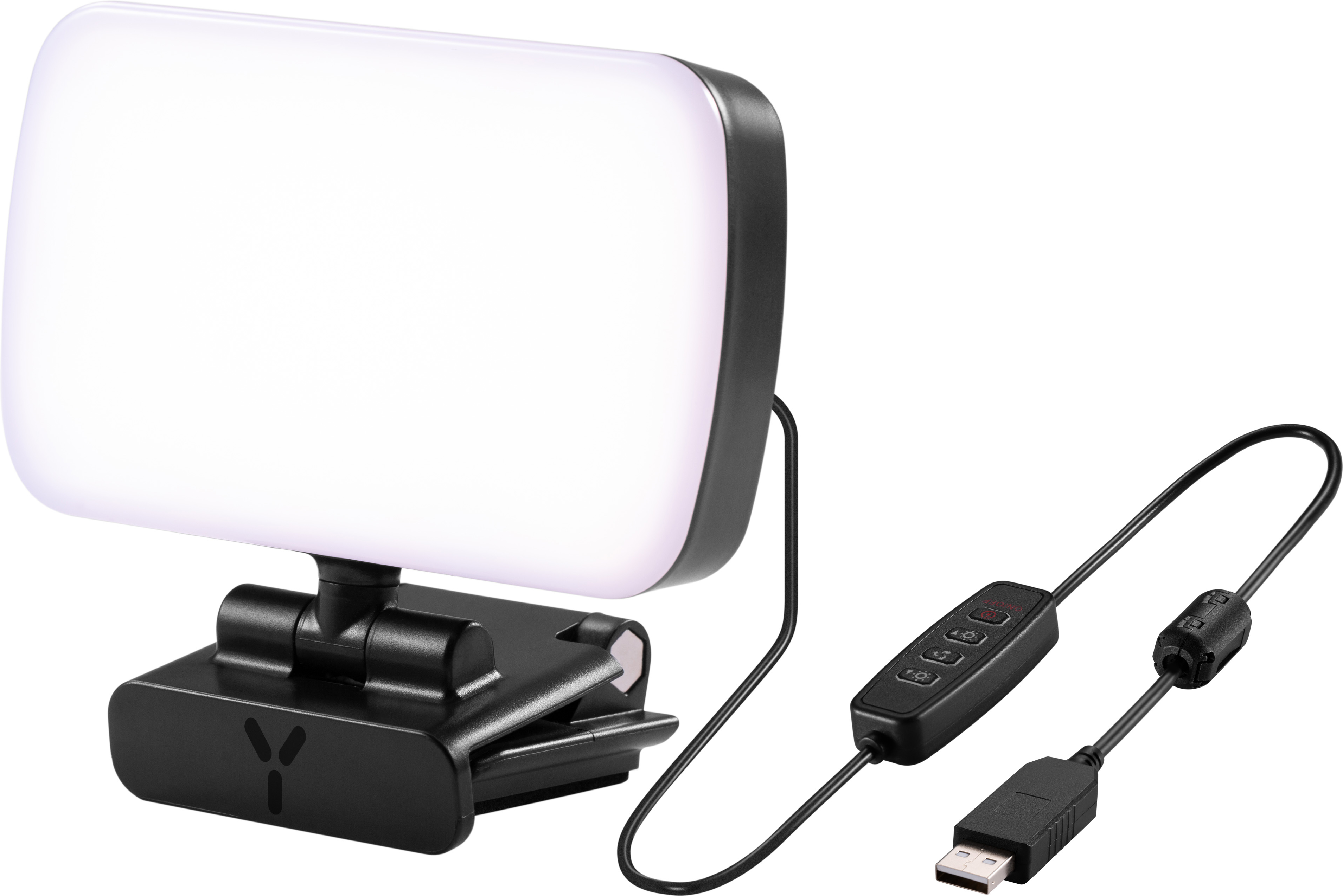 Una luce LED nera con una clip e un cavo USB con un pulsante di controllo.
