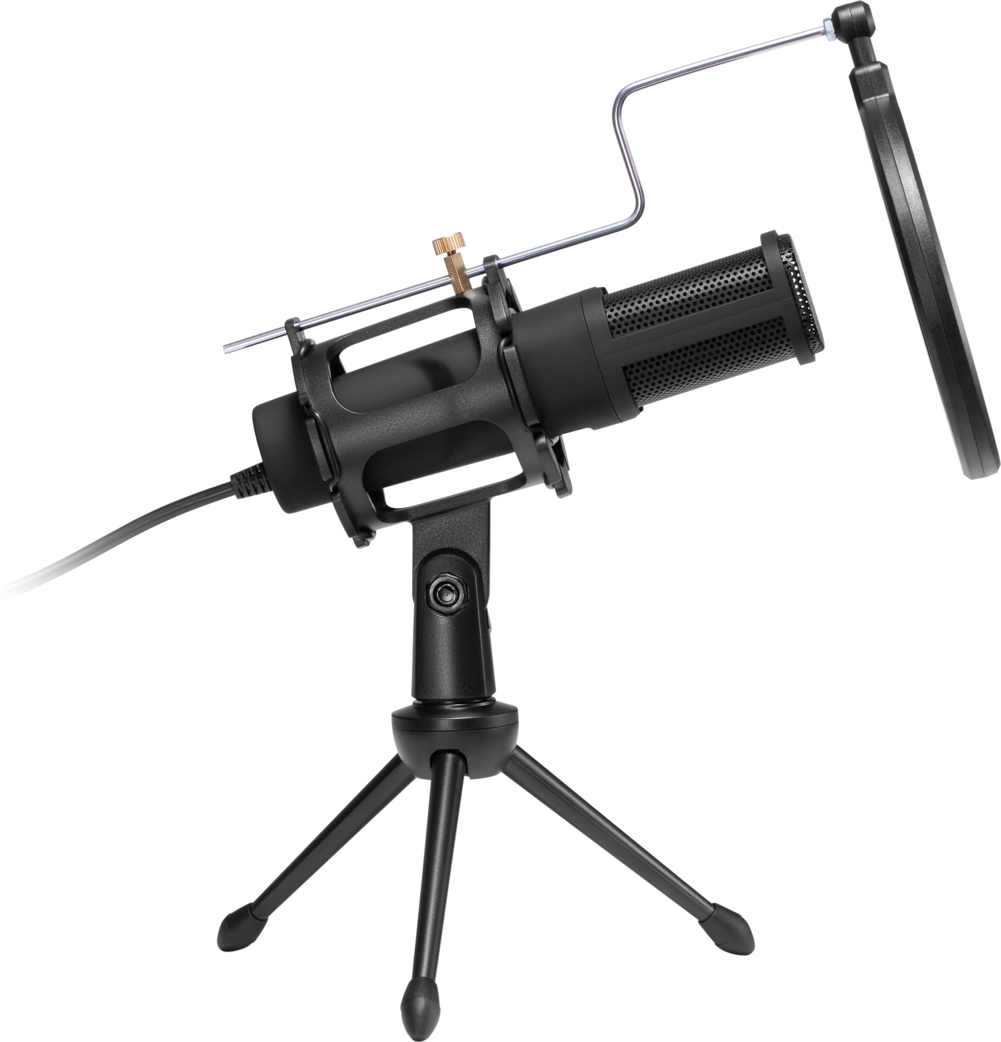 Un microphone noir sur un trépied avec un filtre anti-pop. Fond blanc.