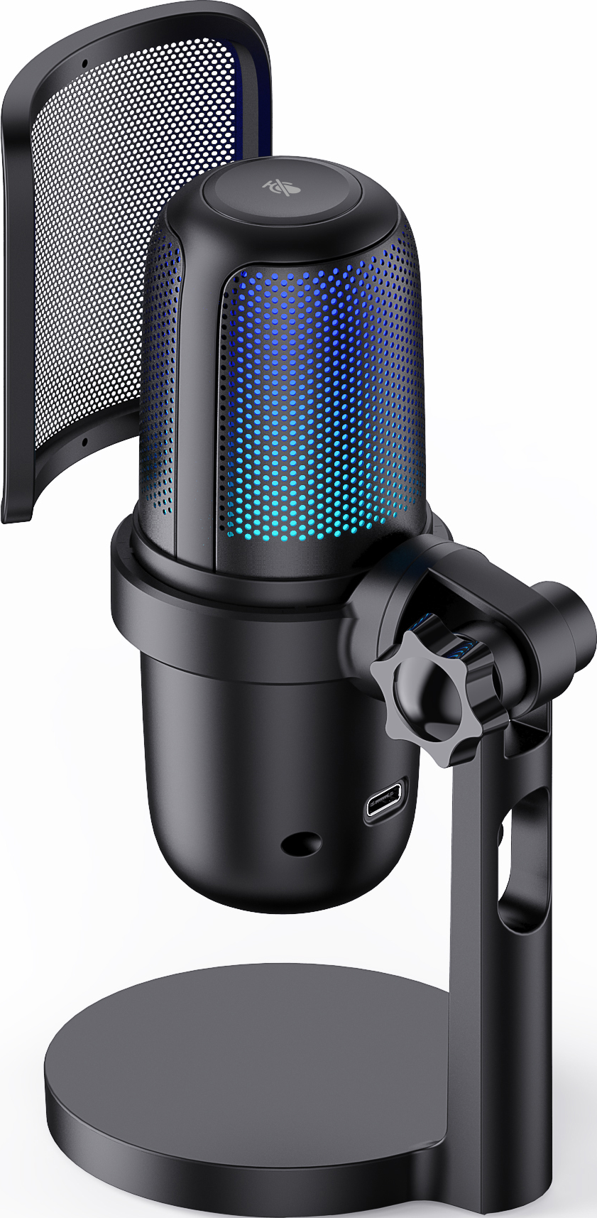 Microfono nero su supporto, con filtro anti-pop. Luci blu e verdi sono visibili.