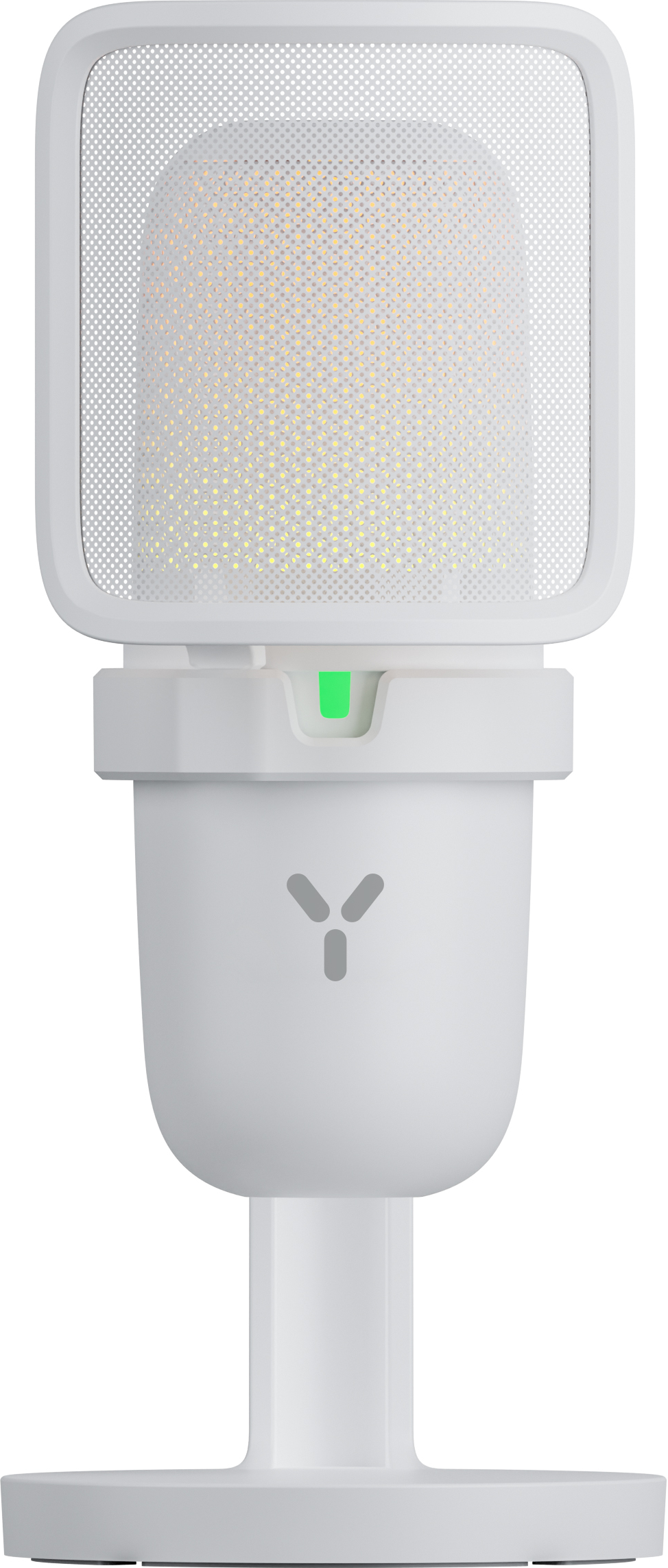 Un microphone blanc avec un dessus en maille et une lumière verte. Une base blanche le supporte.
