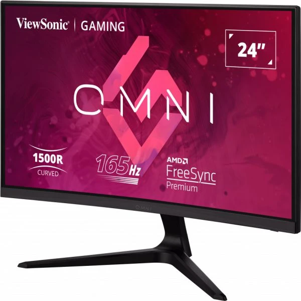 24" ViewSonic gaming monitor. Fekete állvány, ívelt képernyő. OMNI logó.