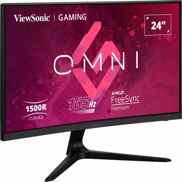 24 hüvelykes gaming monitor. Fekete keret ívelt képernyővel és fekete állvánnyal. Az OMNI logó látható.
