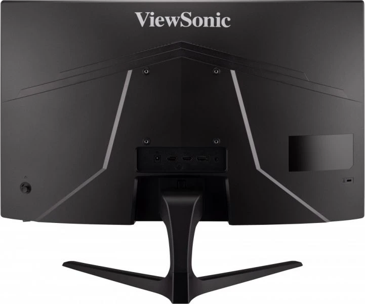 Egy fekete számítógép monitor hátulja. ViewSonic logó felül. Különböző portok és állvány alul.